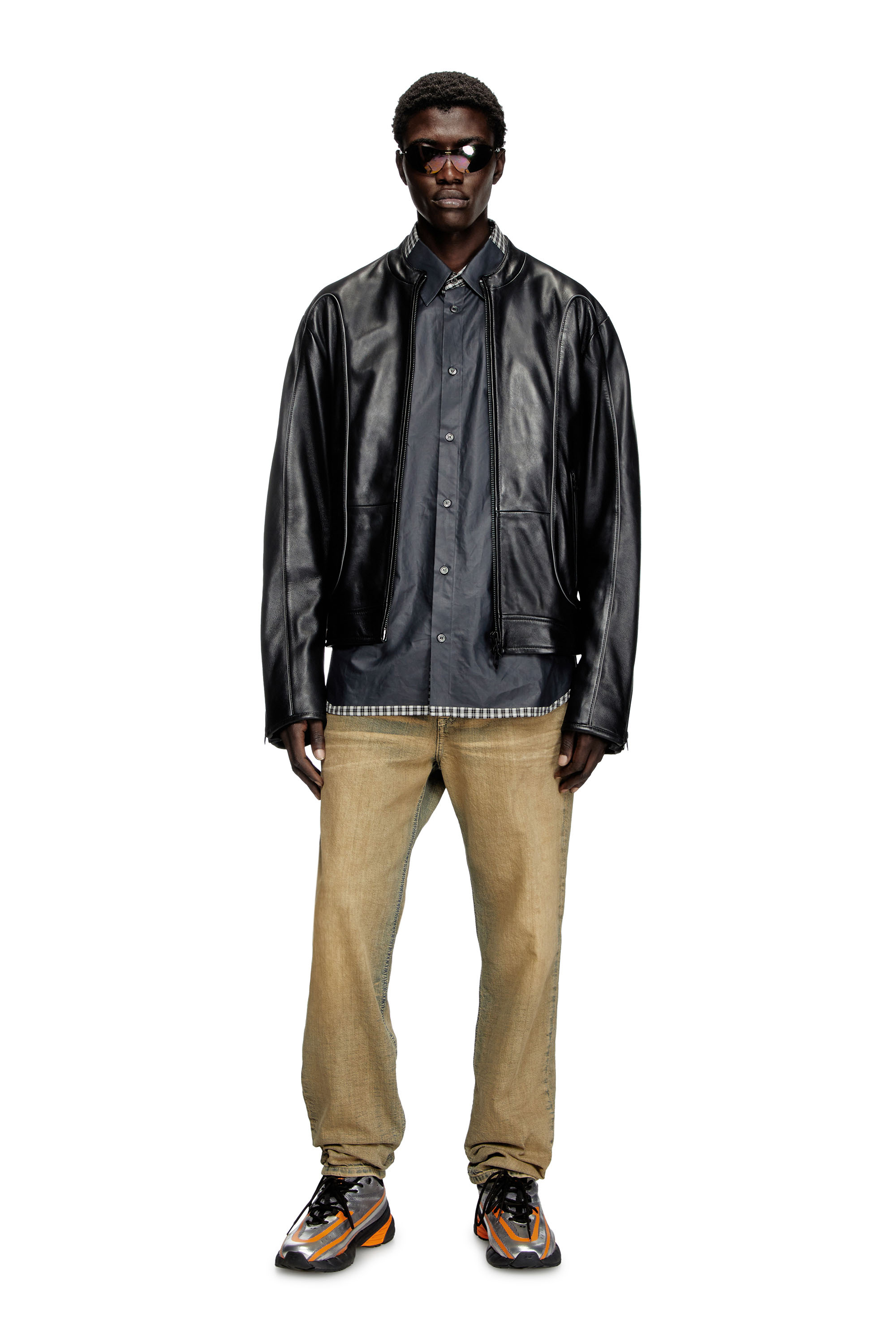 Diesel - L-KRIXY, Chaqueta biker de cuero con detalles de ribetes Hombre in Negro - 1