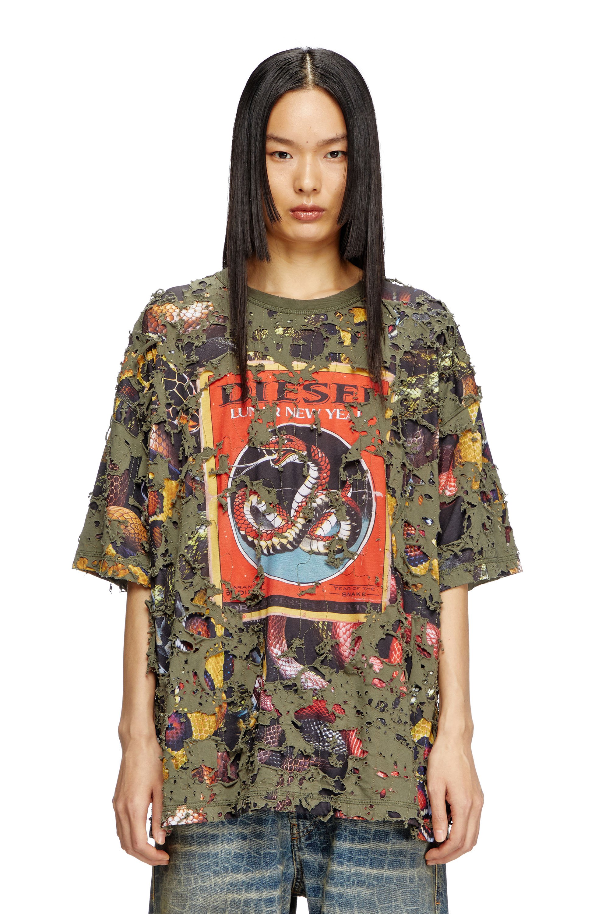 Diesel - CL-T-BOXT-DEVOR-SNAKE, Camiseta con estampado de serpiente y capa destruida Unisex in Verde - 5