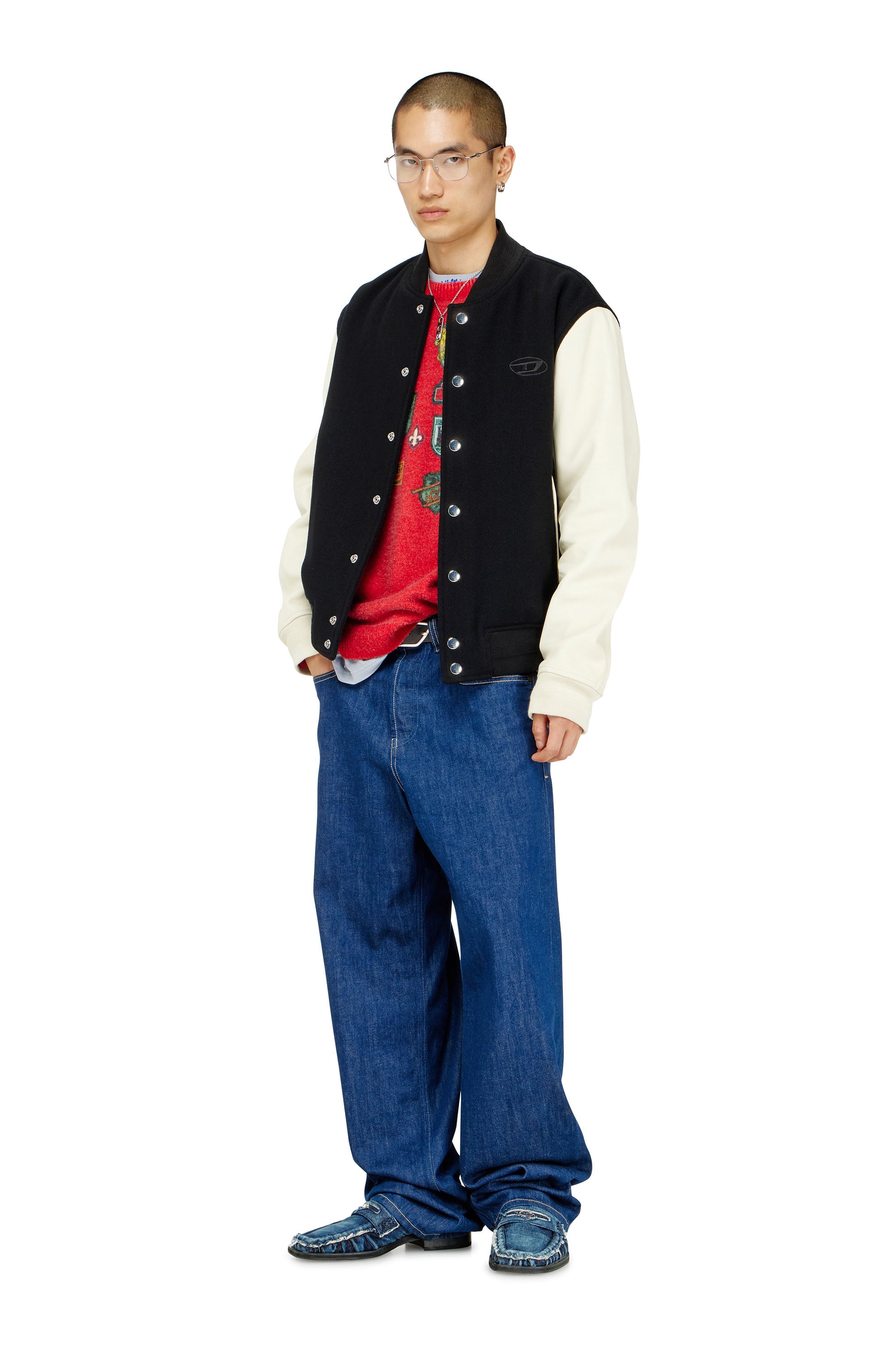 Diesel - L-ARRY-WRD, Chaqueta bomber en mezcla de lana y cuero Hombre in Multicolor - 2