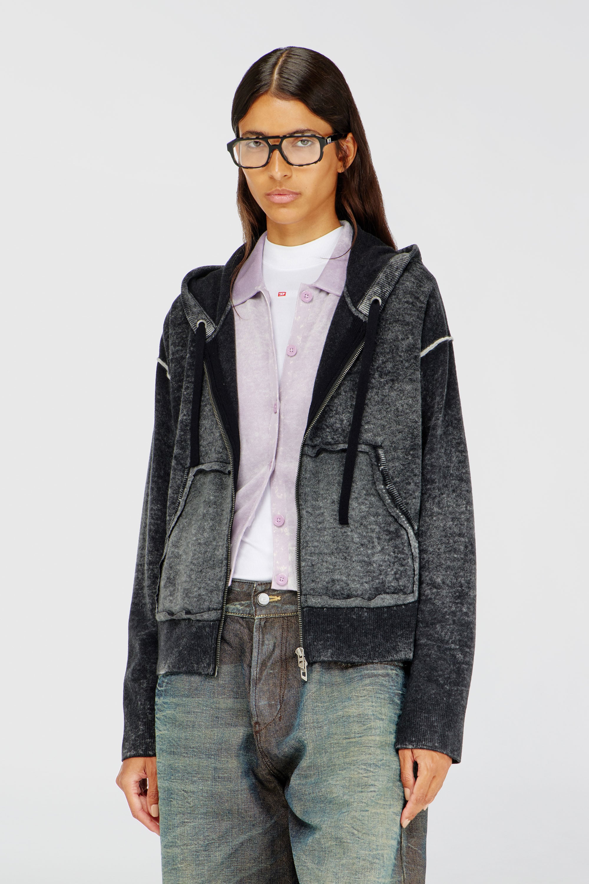 Diesel - M-HERMINE, C&aacute;rdigan con capucha de lana con estampado inverso Mujer in Multicolor - 3
