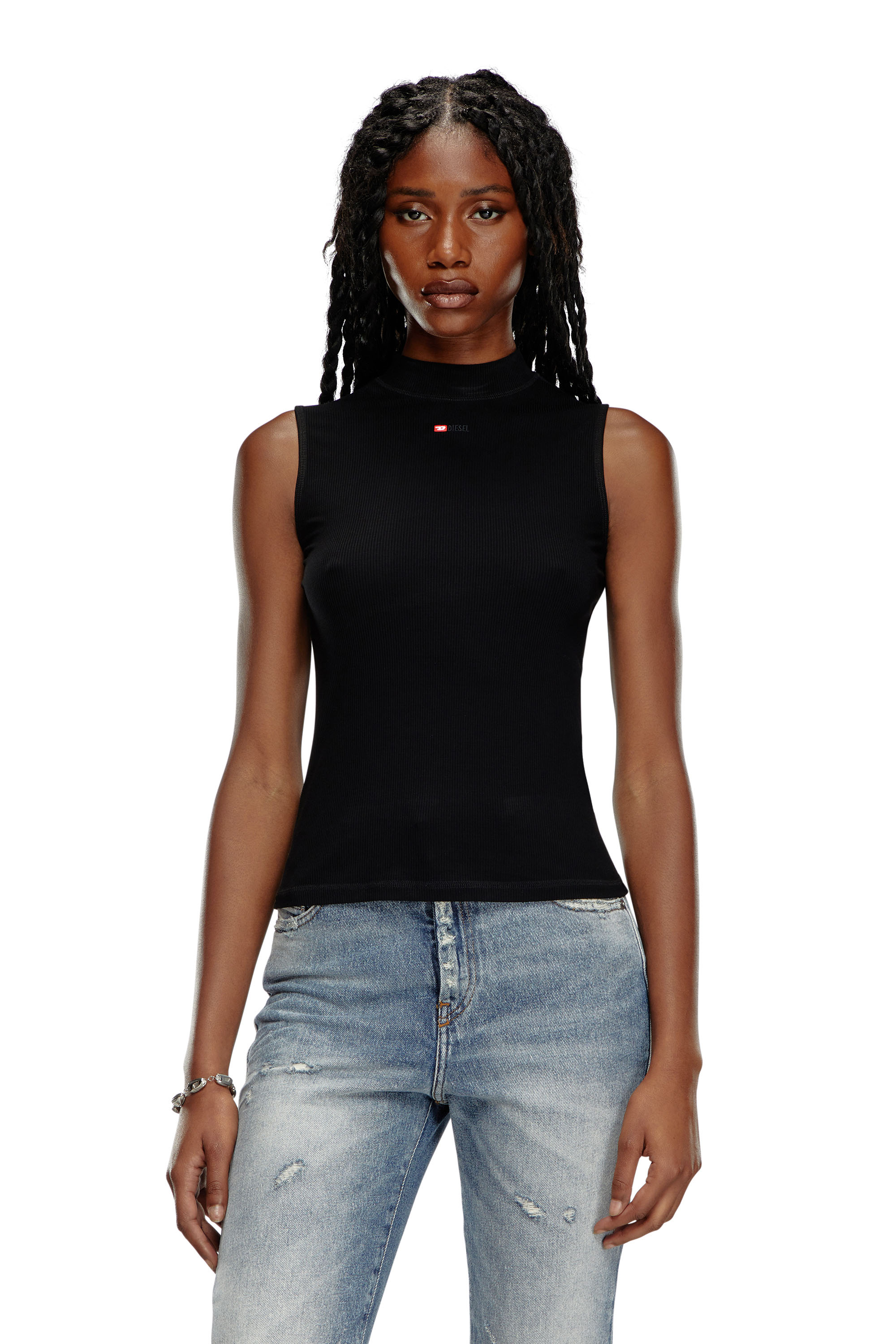 Diesel - T-MOKKY-SL-MICRODIV, Mujer Camiseta con tirantes de canalé con medio cuello alto in Negro - Image 1