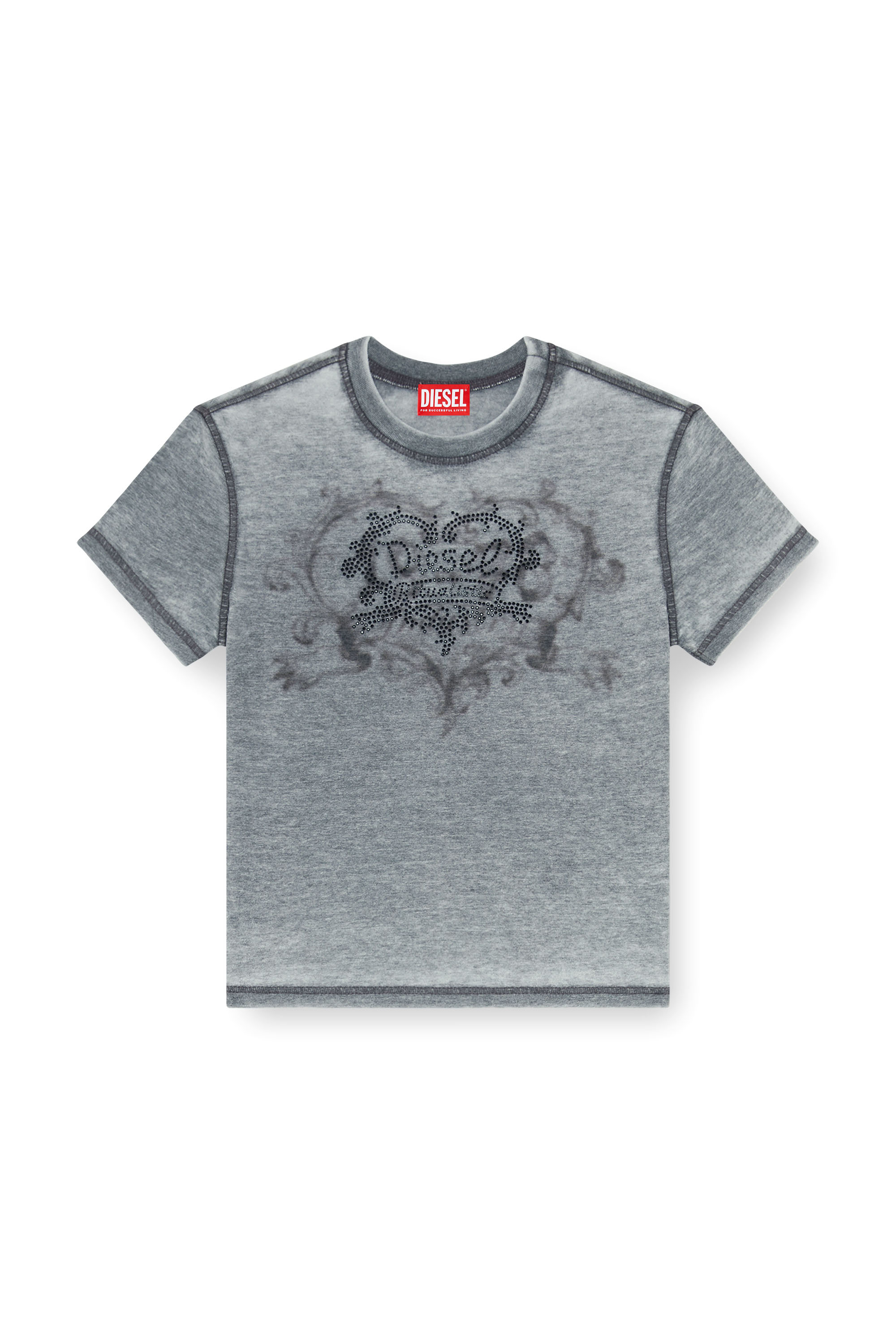 Diesel - T-ILA-AA1, Camiseta de jersey con strass y burnout effect Mujer in Gris - 2