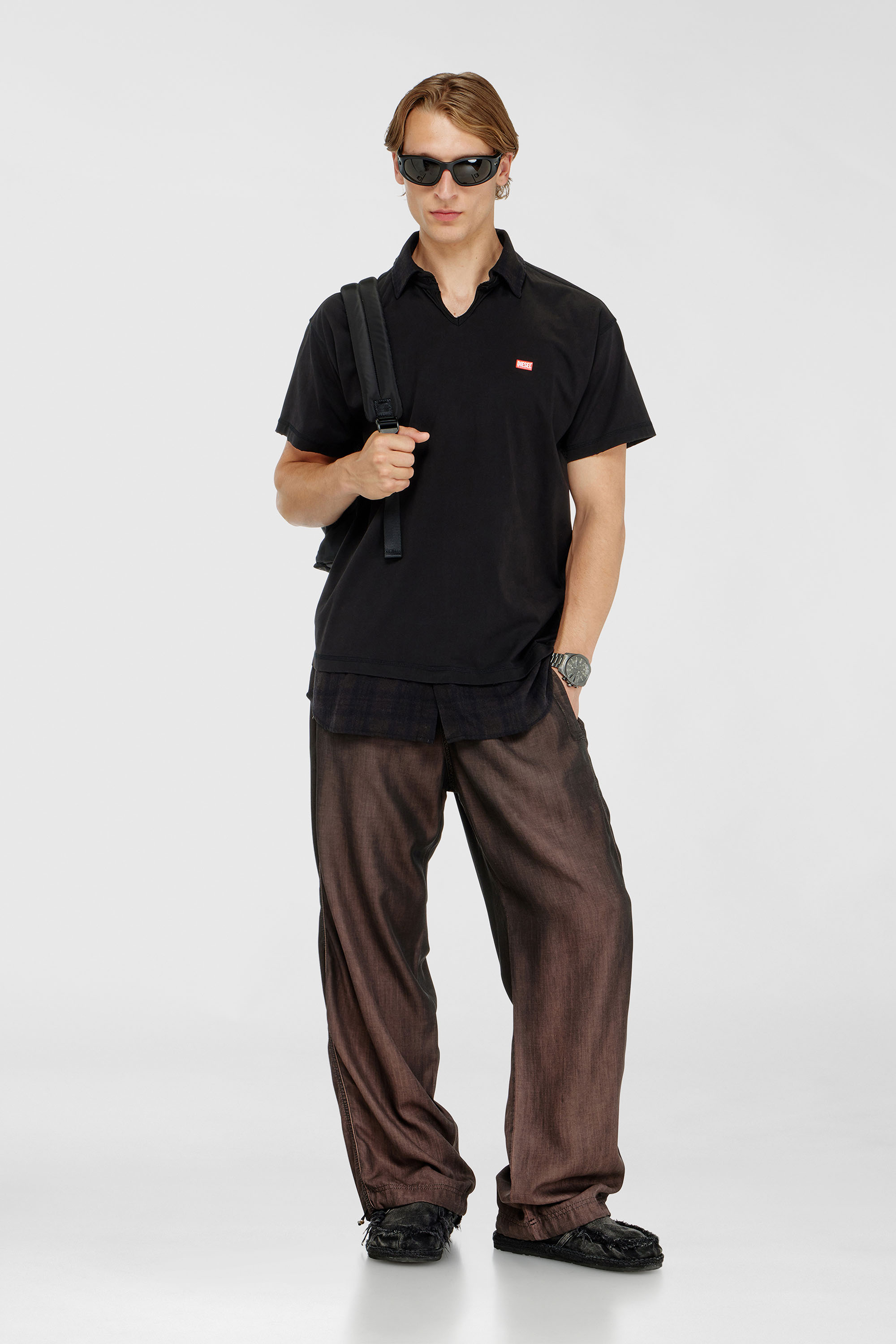 Diesel - T-ANSEL, Polo de punto con detalles de franela a cuadros Hombre in Negro - 2