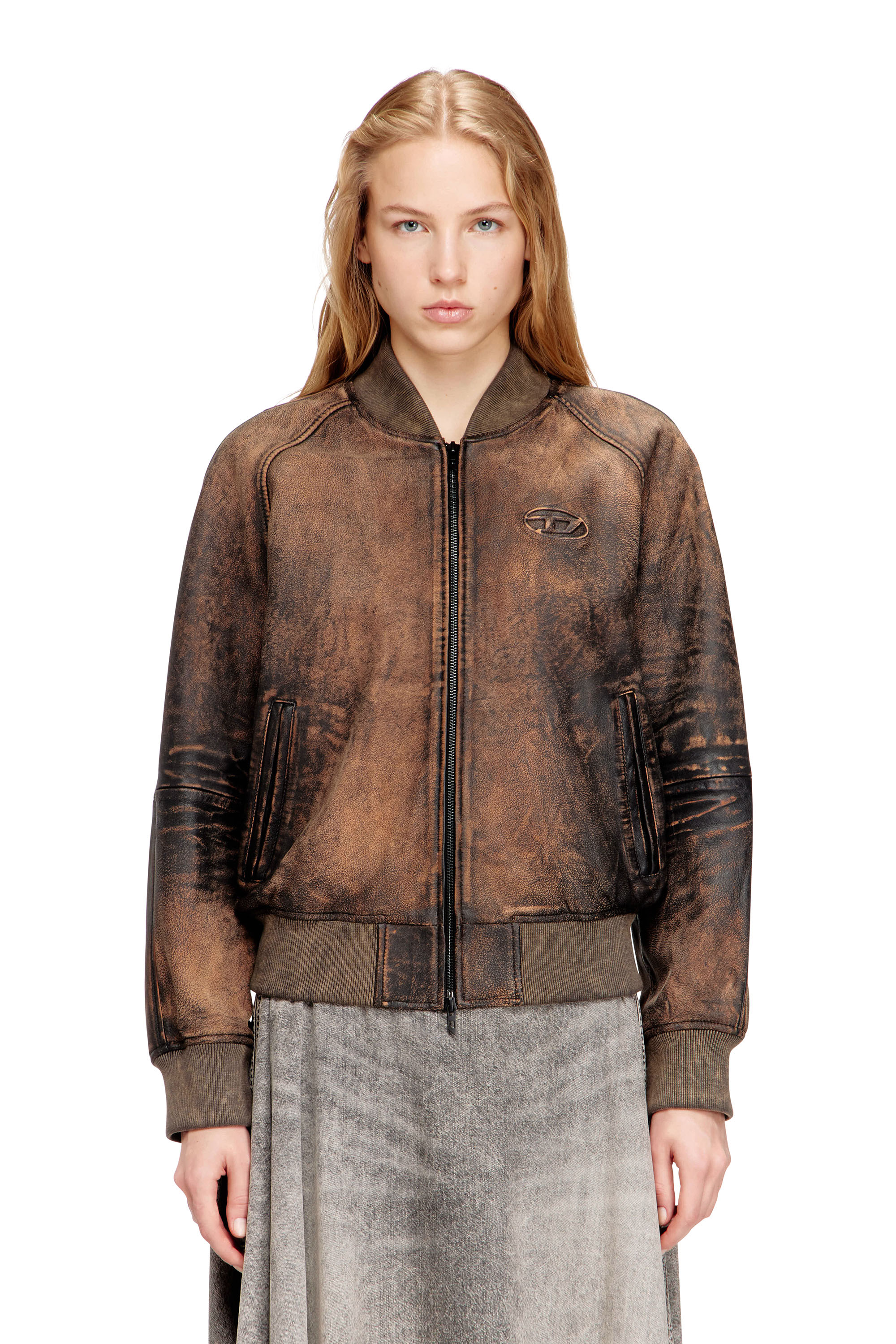 Diesel - L-COBB-FEM, Woman's Bomber jacket in distressed leather in null - 1