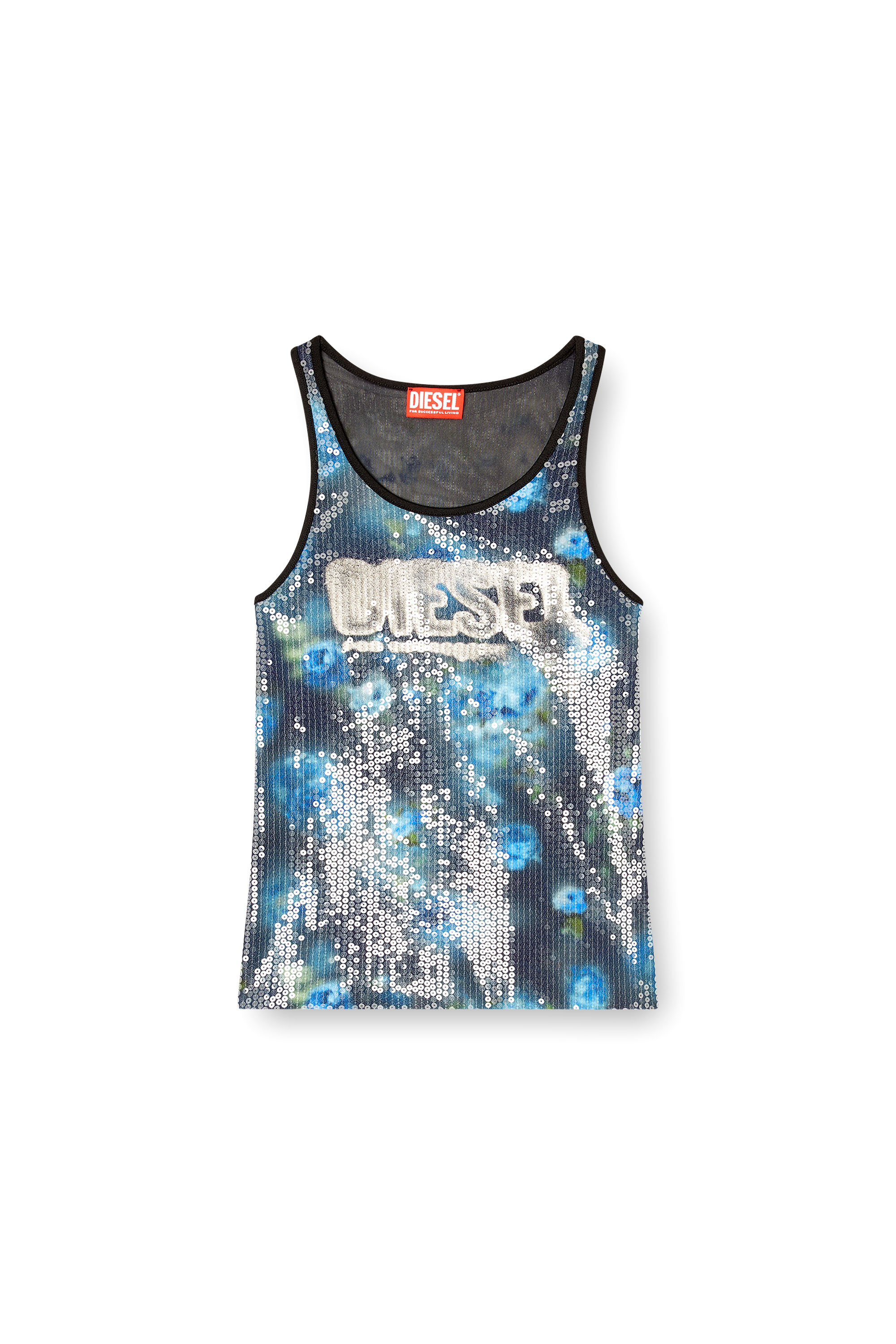 Diesel - T-UNKY, Top de jersey con estampado floral y lentejuelas Mujer in Azul marino - 3