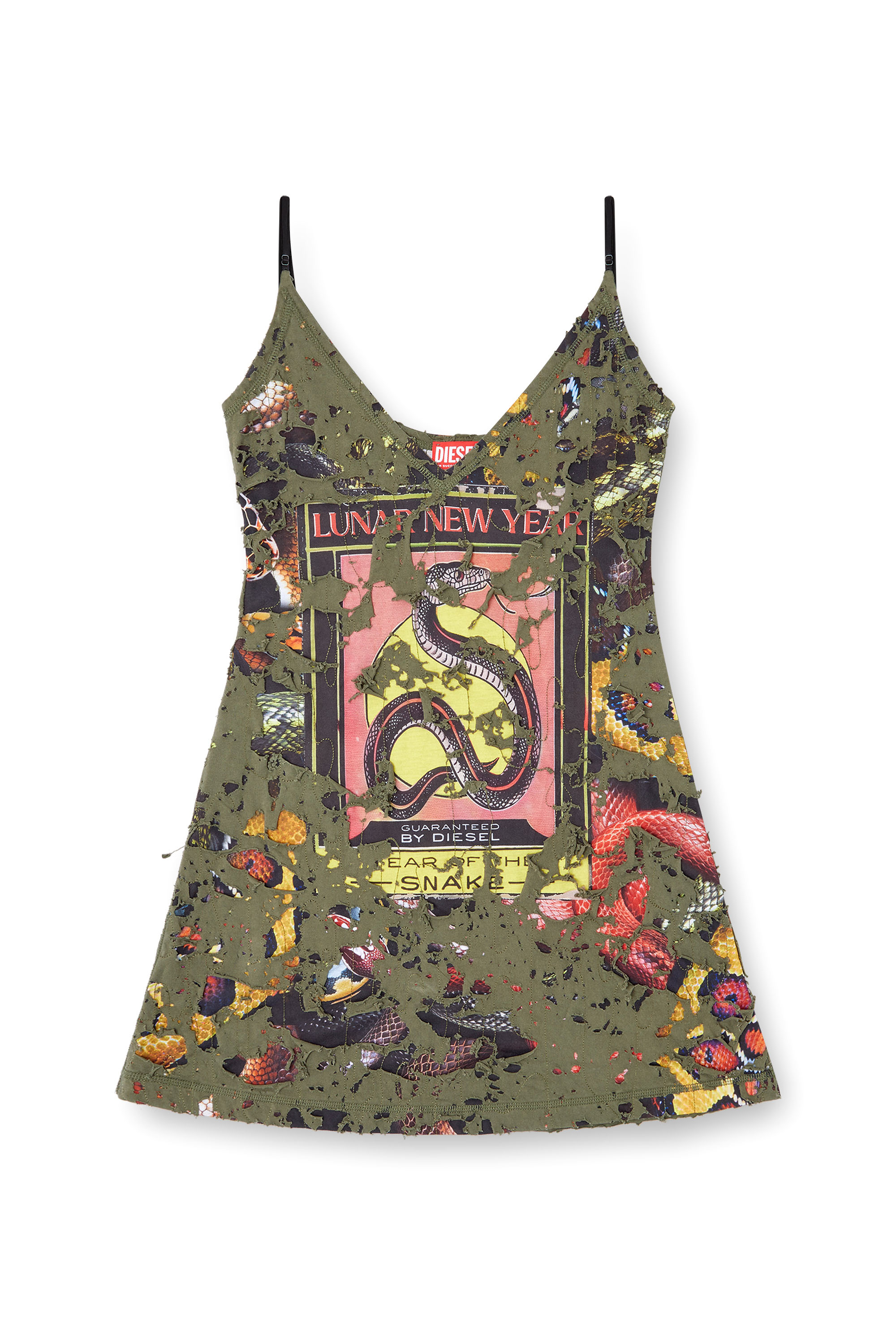 Diesel - CL-D-JENA-DEV-SNAKE, Vestido lencero destruido con estampado de serpiente Mujer in Verde - 1