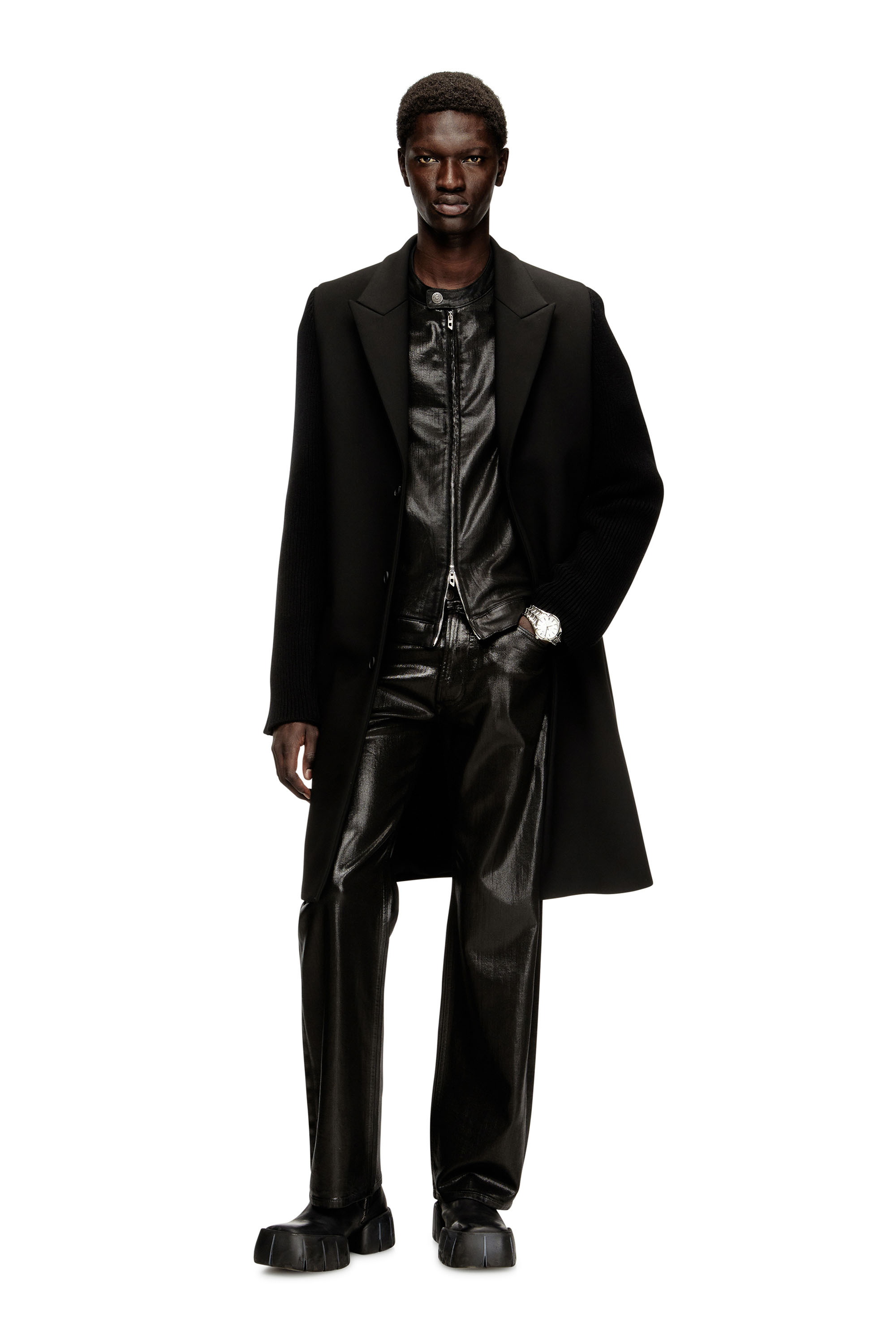 Diesel - W-YARD, Abrigo en tejido de sastrería y punto acanalado Hombre in Negro - 3