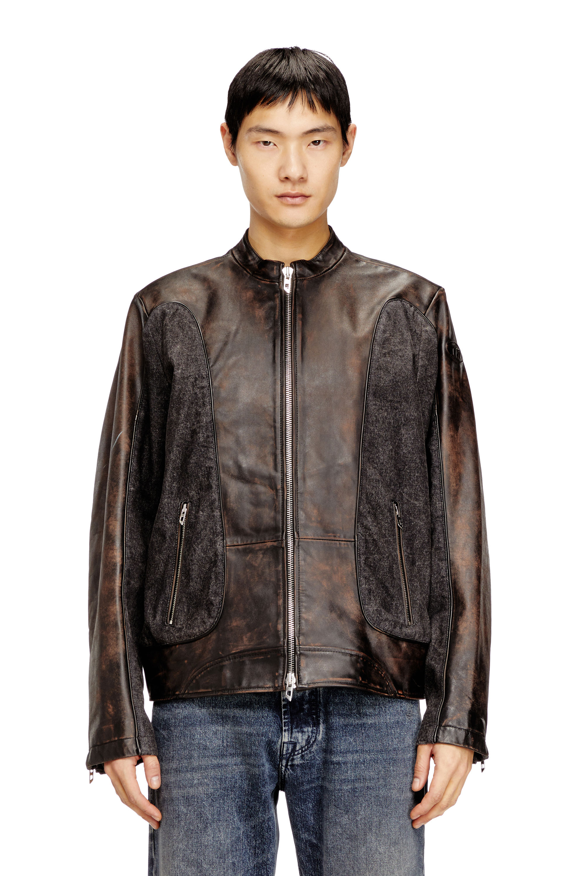 Diesel - L-KRILL-DNM, Chaqueta de motorista canalizada en cuero y denim Hombre in ToBeDefined - 3