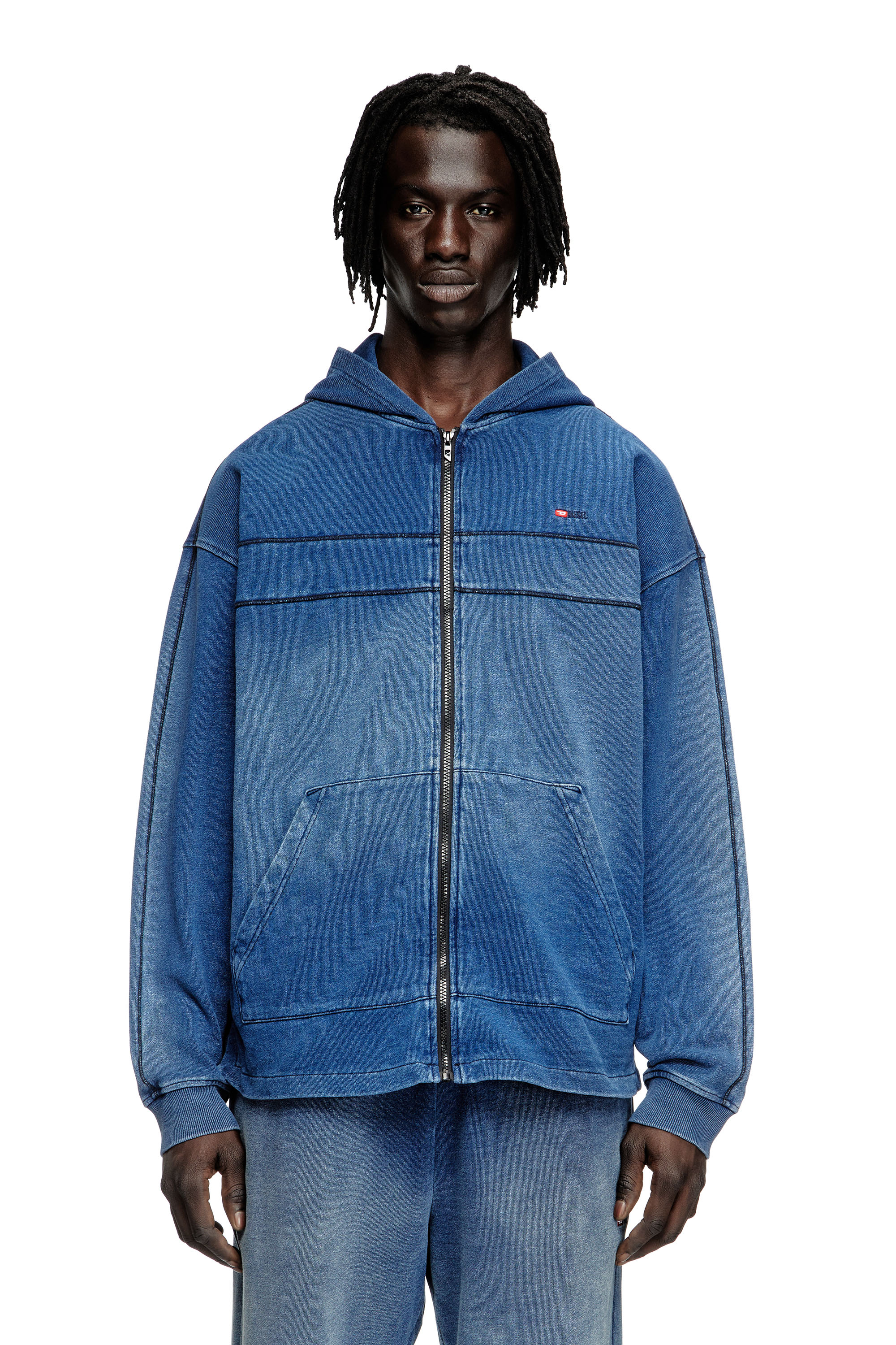Diesel - S-BLAXT-HOOD-ZIP-NEW, Sudadera con capucha en tejido de aspecto denim Hombre in Azul marino - 3