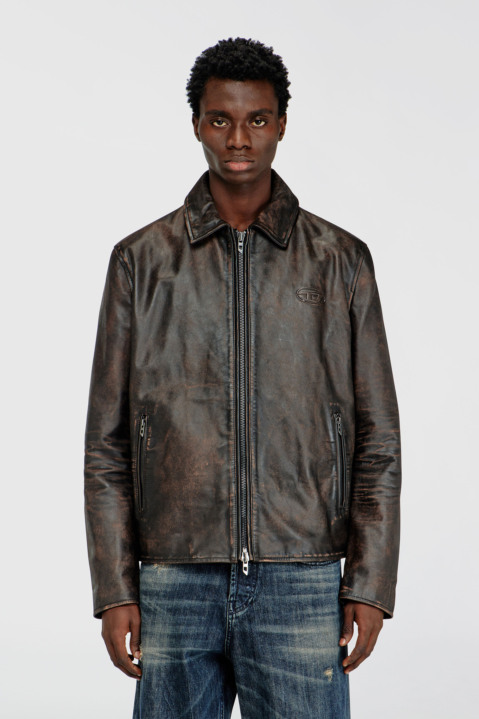 Diesel - L-AMAR-WRD, Chaqueta de entrenador en cuero tratado Hombre in Marr&oacute;n - 3