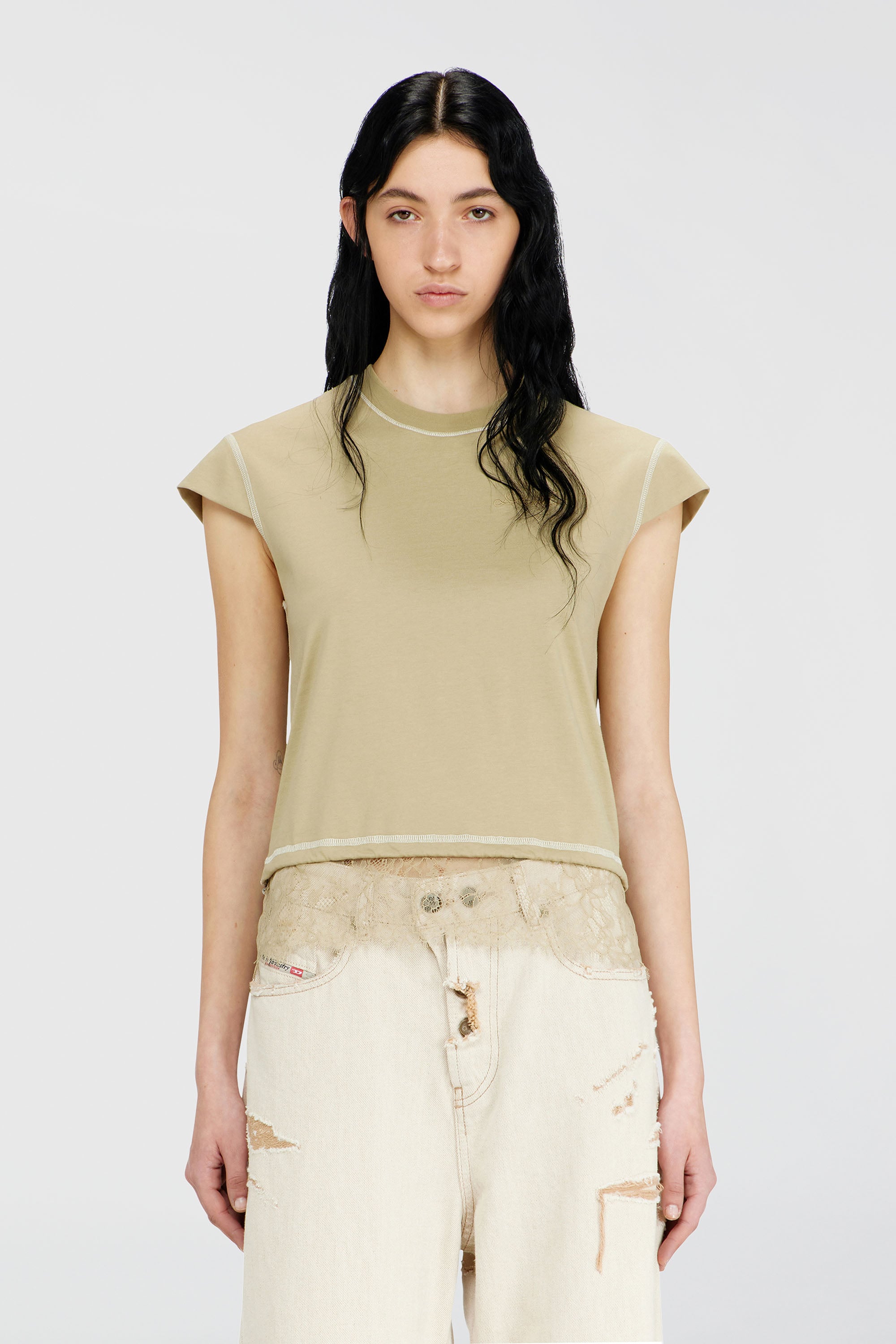 Diesel - T-LUNA, Top de jersey con bajo de encaje Mujer in Beige - 1