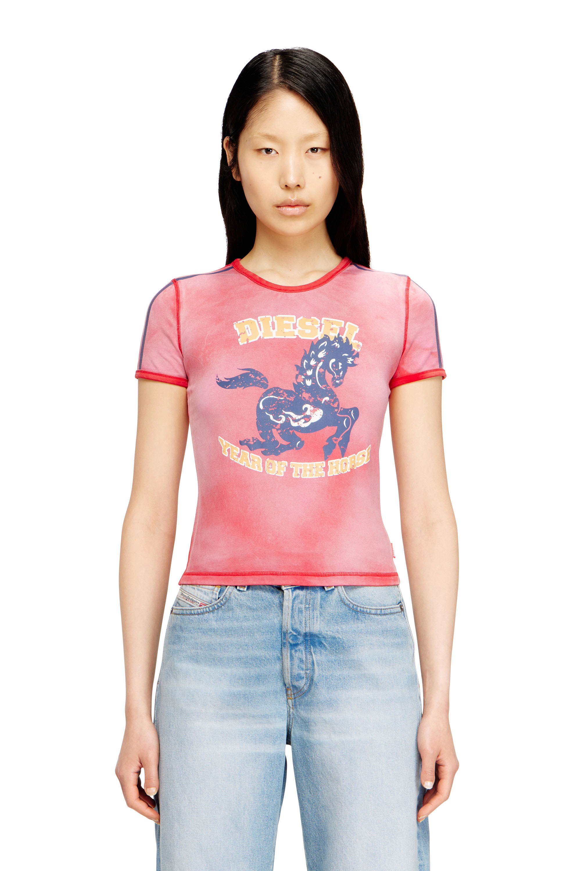 Diesel - CL-T-UNCUTIE-HORSE, Camiseta el&aacute;stica de algod&oacute;n con estampado gr&aacute;fico de caballo Mujer in Rojo - 1