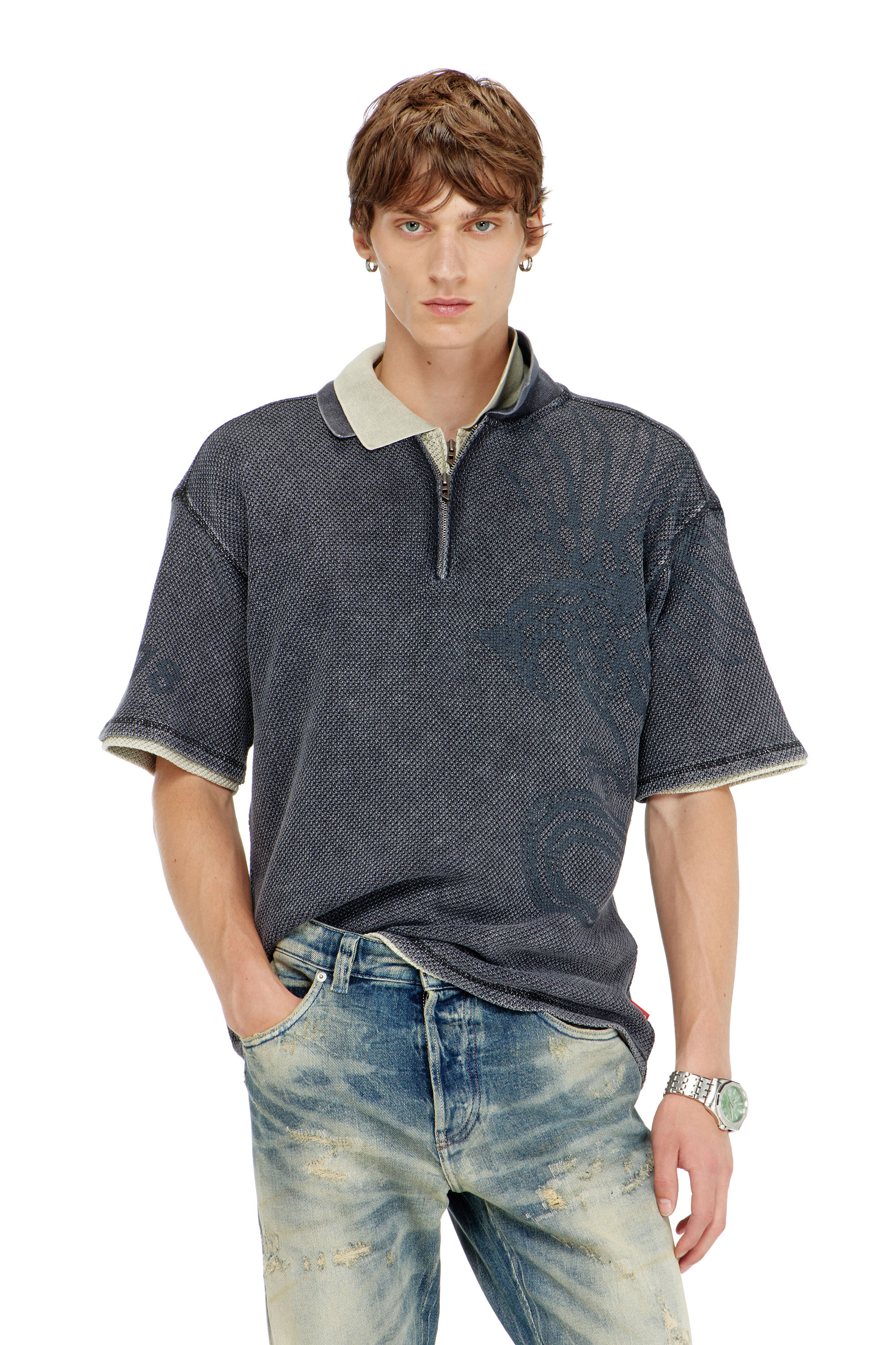 Diesel - T-ERRY-ZIP, Polo de jacquard mesh con estampado Phoenix Hombre in Gris - 1