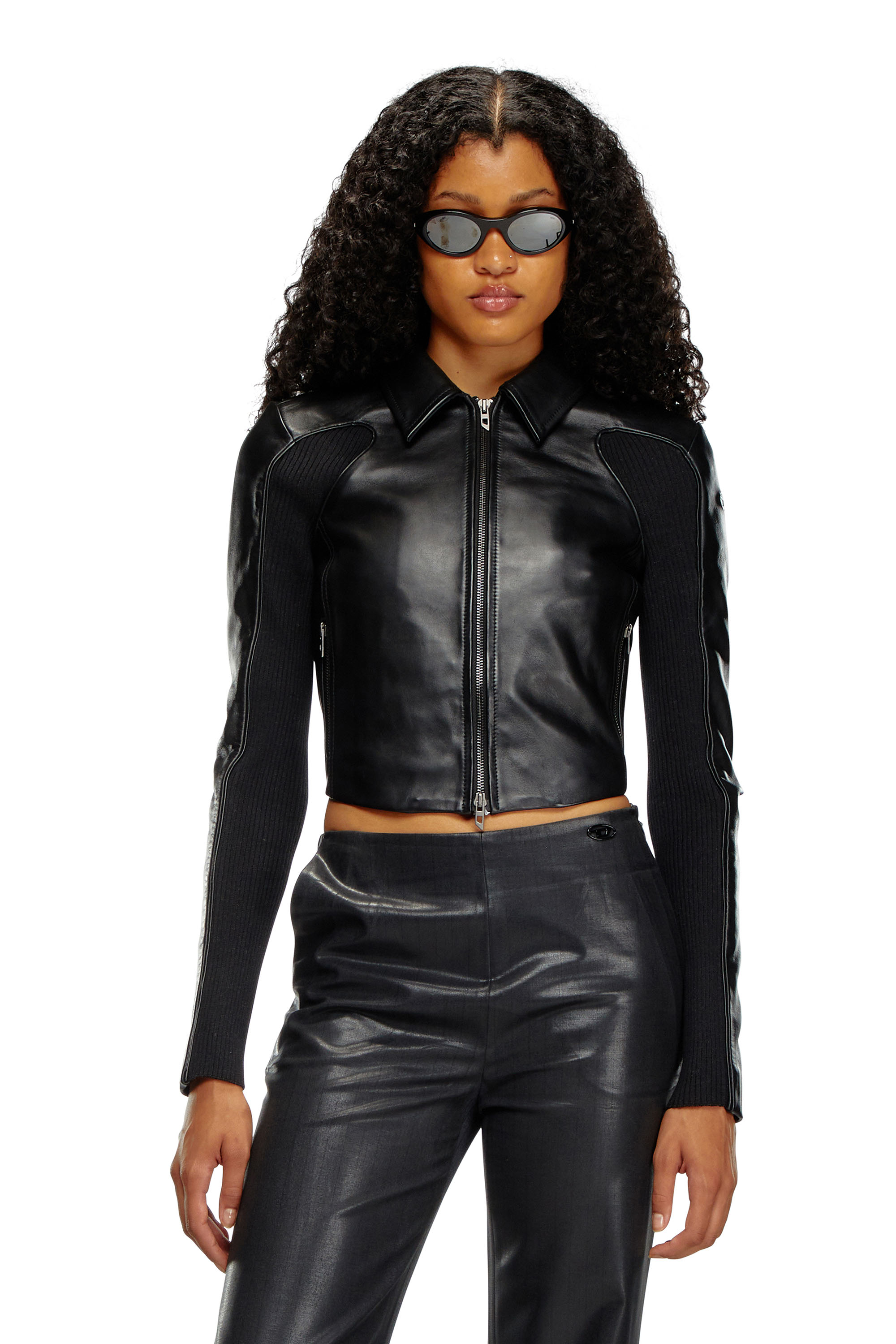 L-TOTEM-P1, Negro Diesel - L-TOTEM-P1, Chaqueta de cuero recortada con inserciones de punto Mujer in Negro - 3