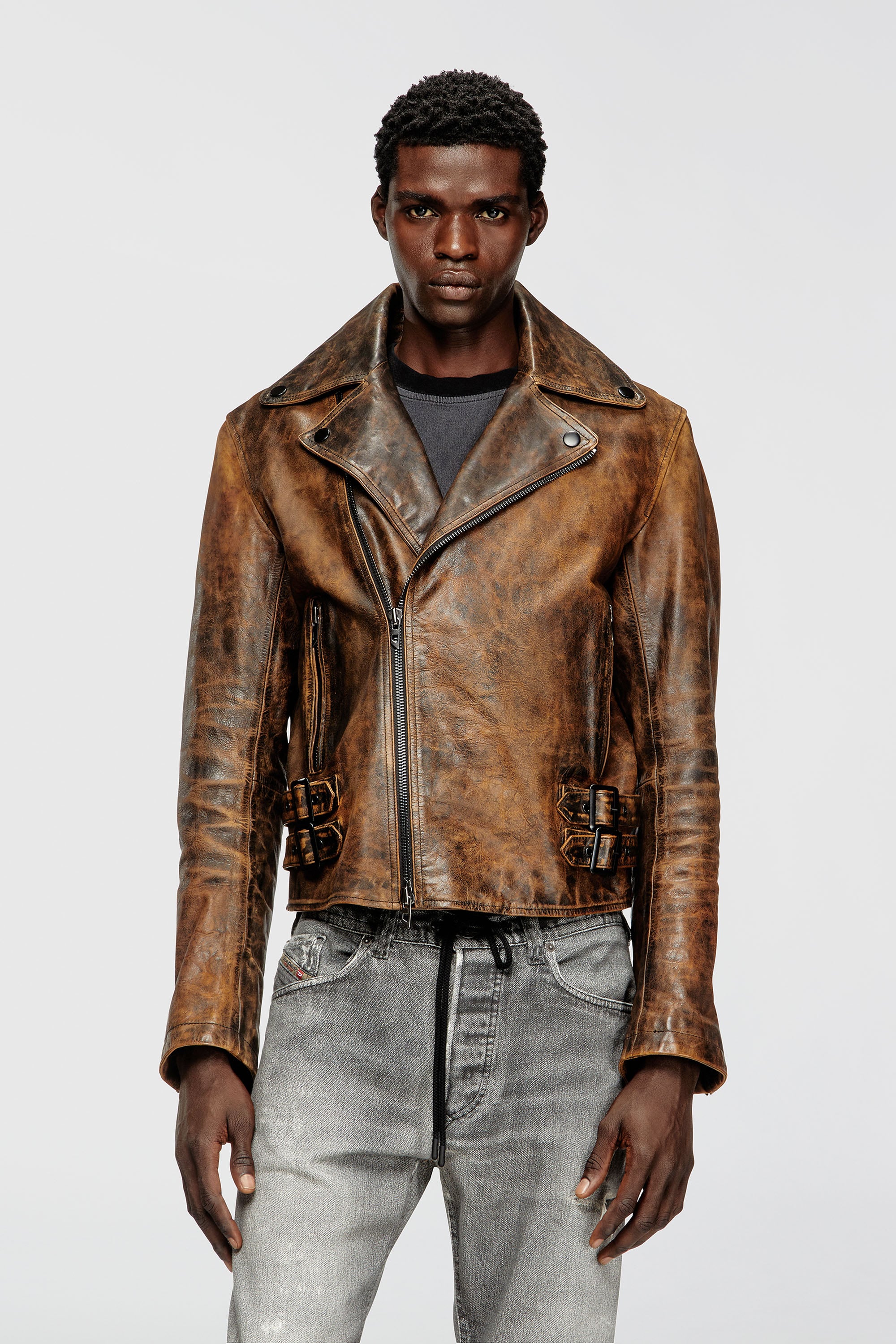 Diesel - L-EON, Chaqueta biker en cuero tratado Hombre in Marr&oacute;n - 1