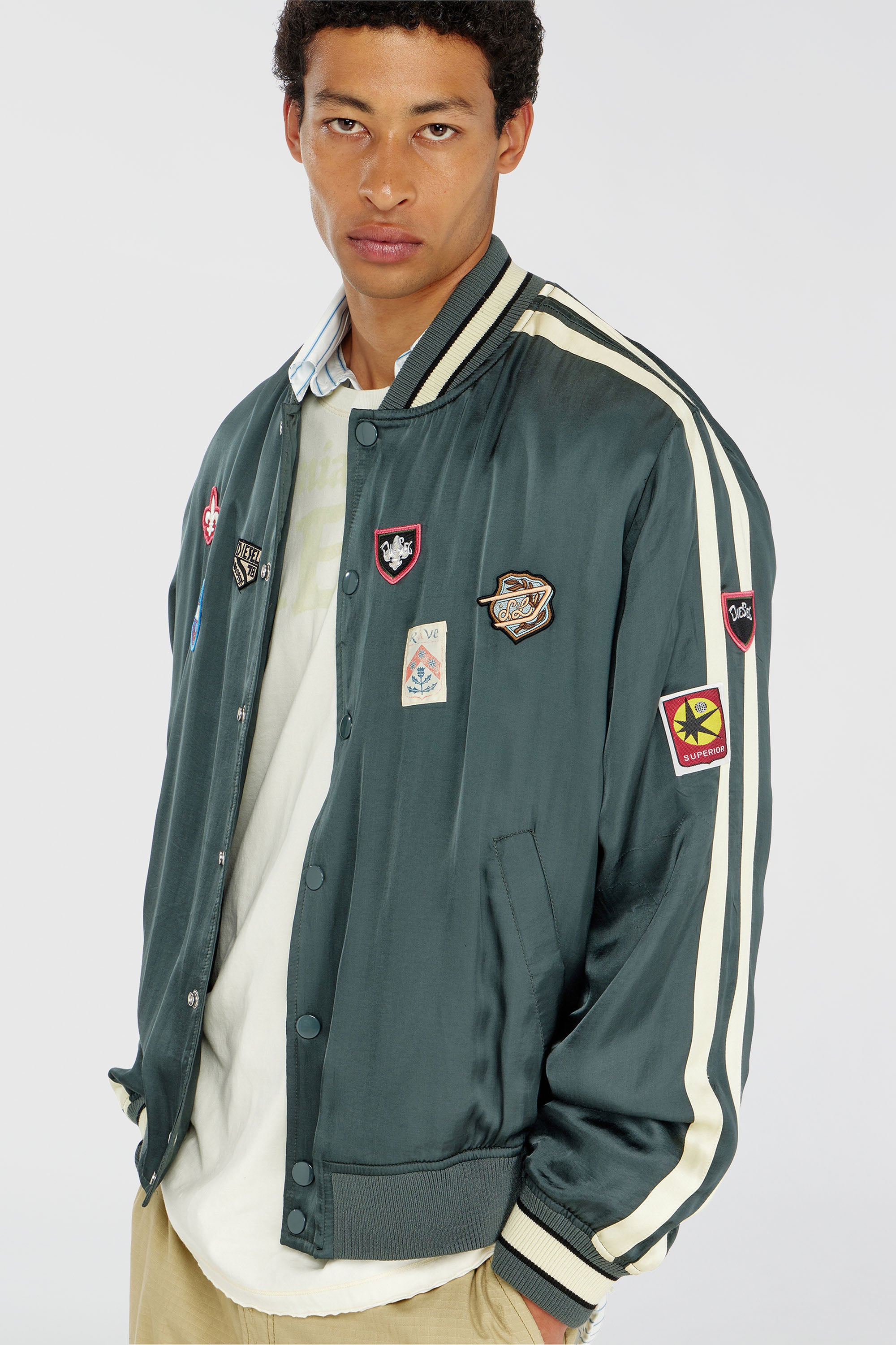 Diesel - J-ANNU, Man's Satin bomber jacket with patches in Dark Green - 5