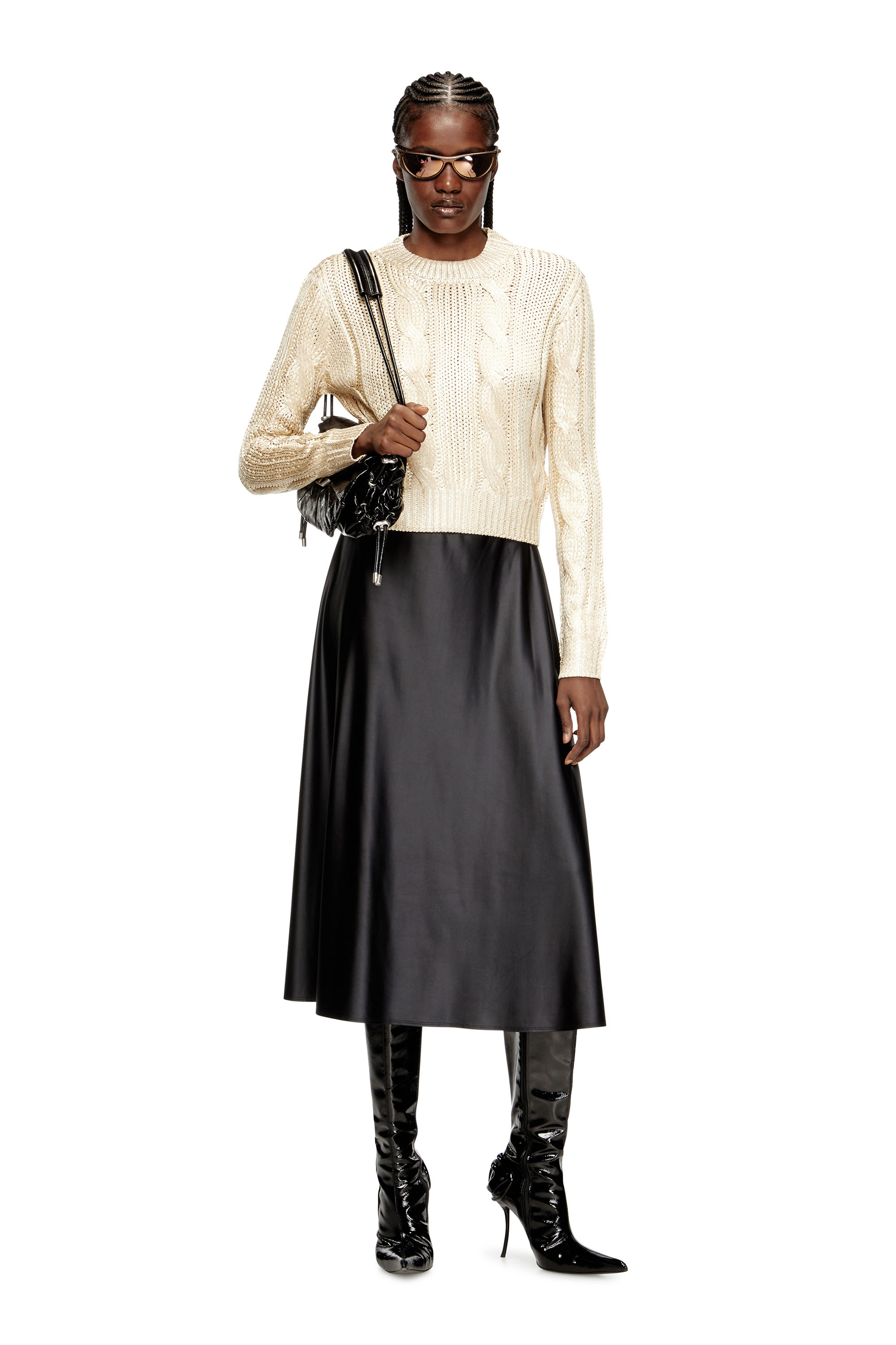 Diesel - M-MICCHA, Jersey de punto trenzado con efecto brillante Mujer in Beige - 1