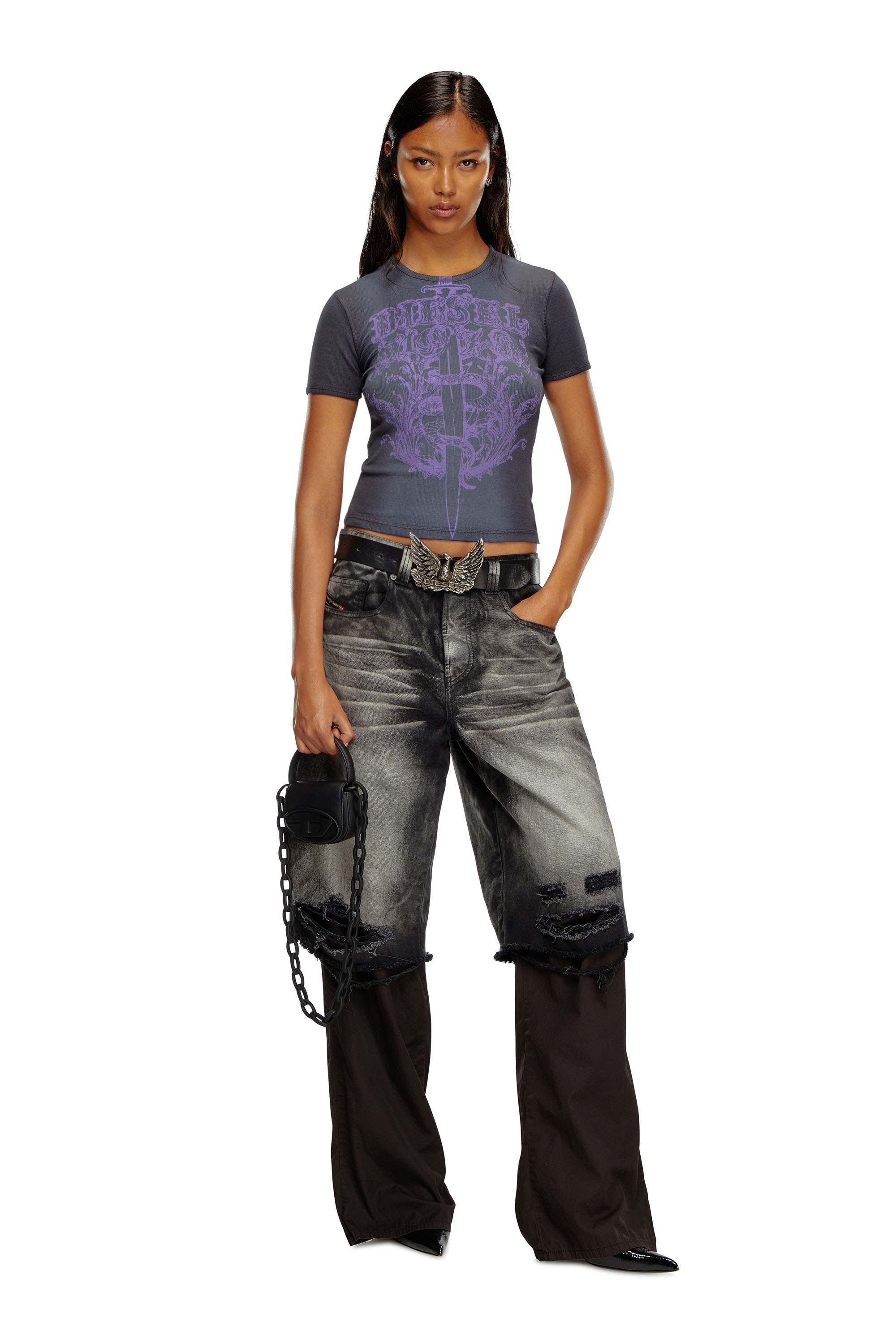 Diesel - T-ELE-LONG-P1, Mujer Camiseta en canalé con estampado de espada de Diesel in Multicolor - Image 2