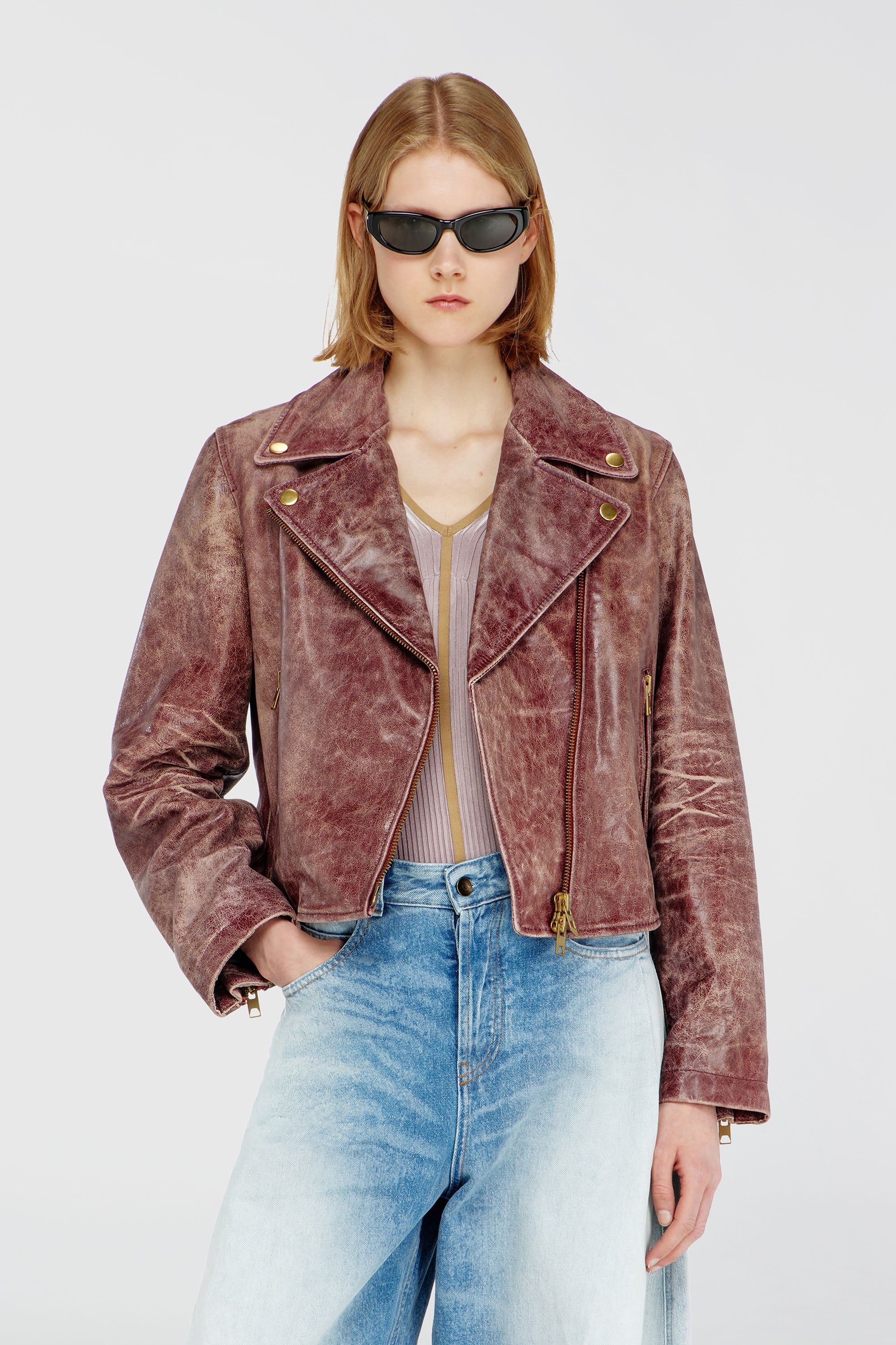 Diesel - L-UNATIC-T1, Chaqueta biker de piel tratada Mujer in Rojo - 1