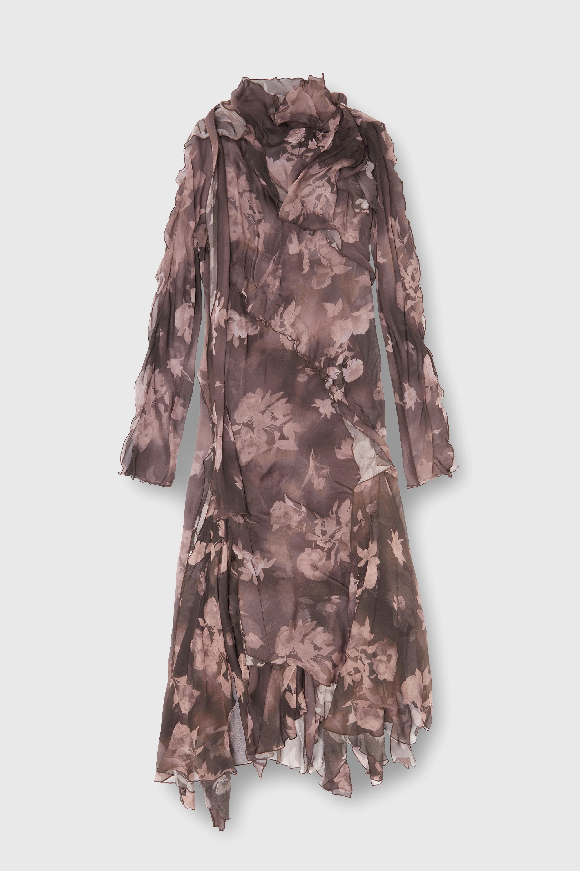 Diesel - D-RIADI, Vestido midi asim&eacute;trico de gasa y crep&eacute; de seda Mujer in Marr&oacute;n - 2