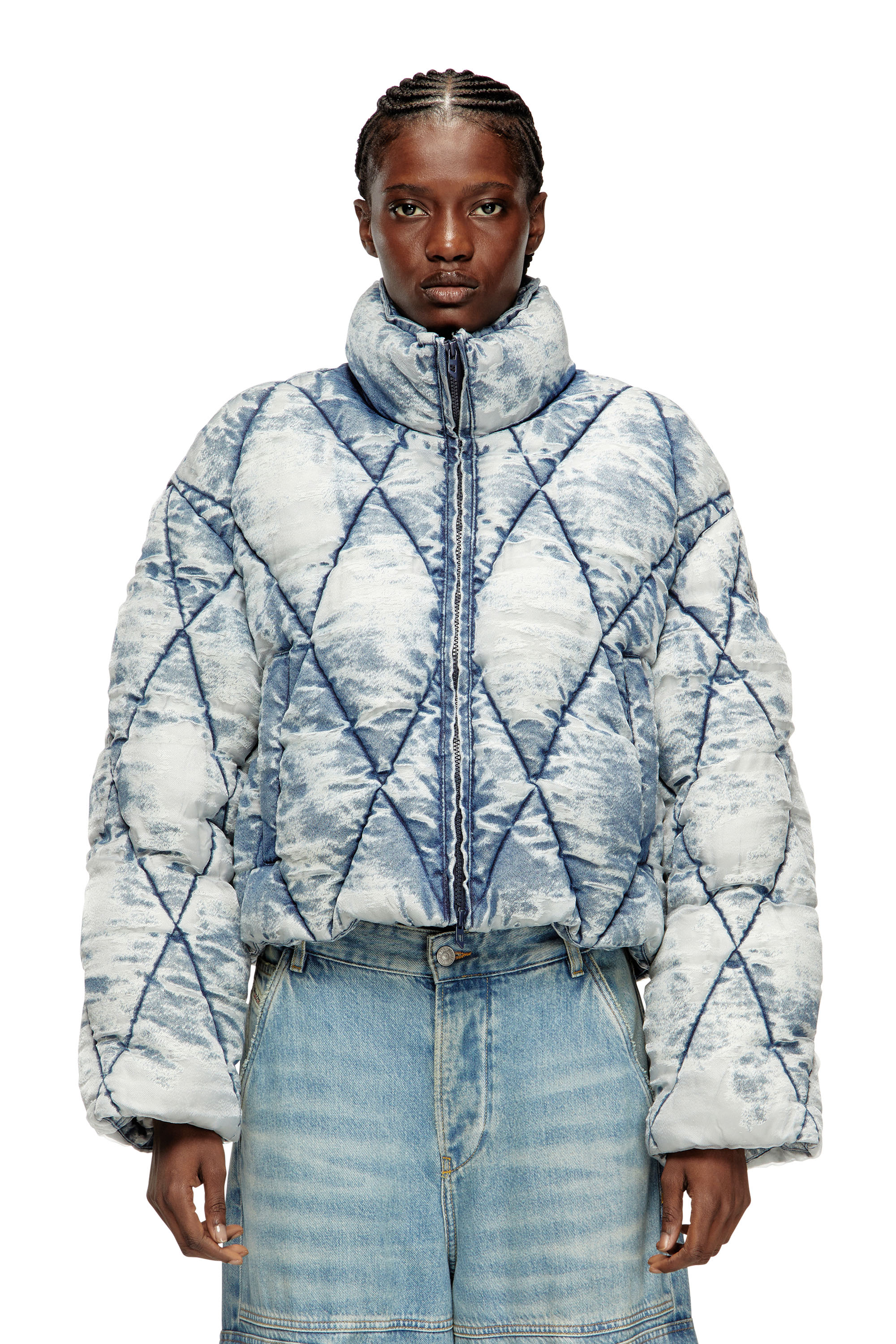 Diesel - W-HISTEL, Woman's Puffer jacket in argyle-quilted devoré shell in Light Blue - 3