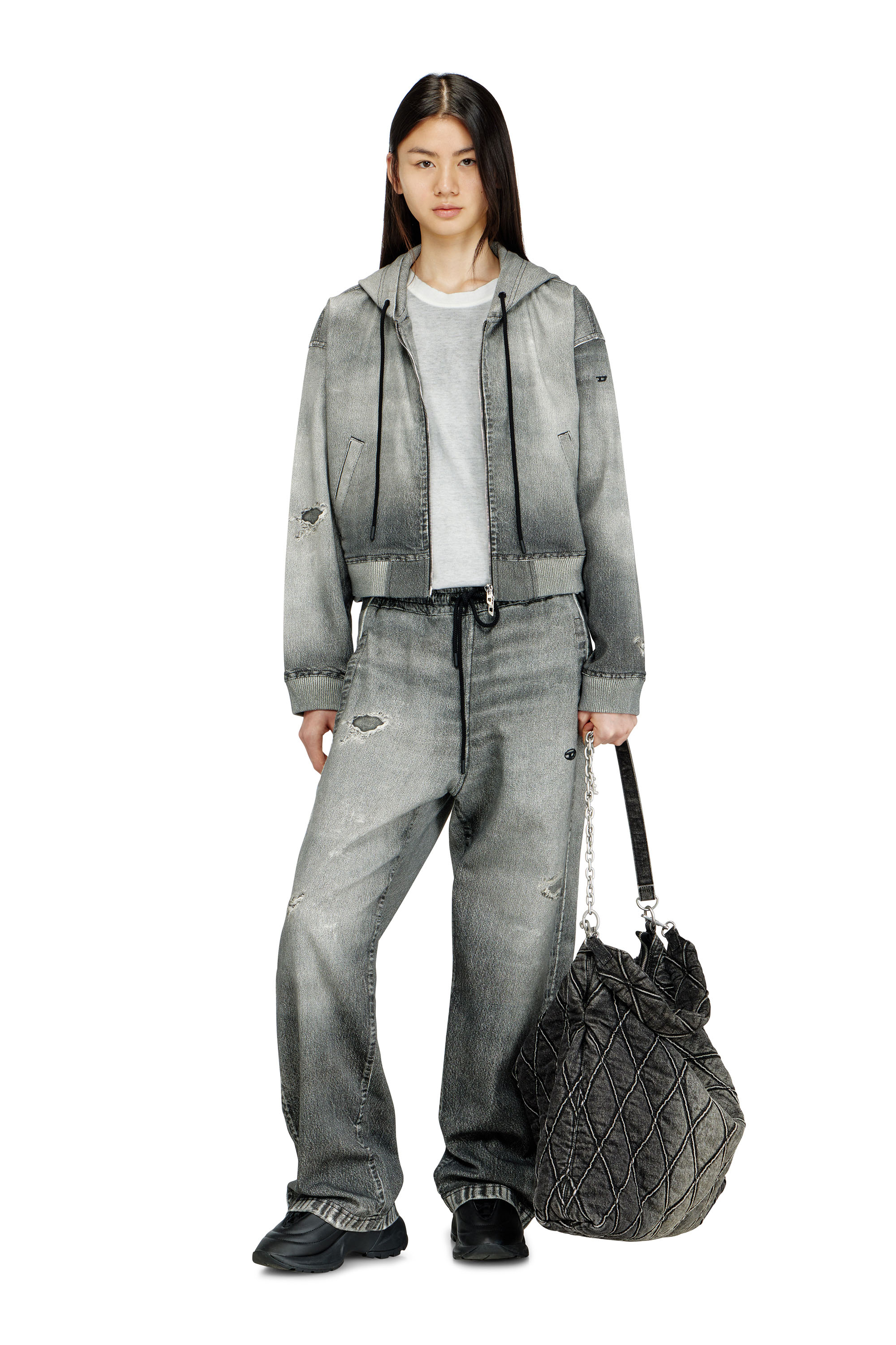 Diesel - DE-GIRI-CROP JOGG, Sudadera con capucha de cremallera en trompe l'oeil JoggJeans Mujer in Gris - 2