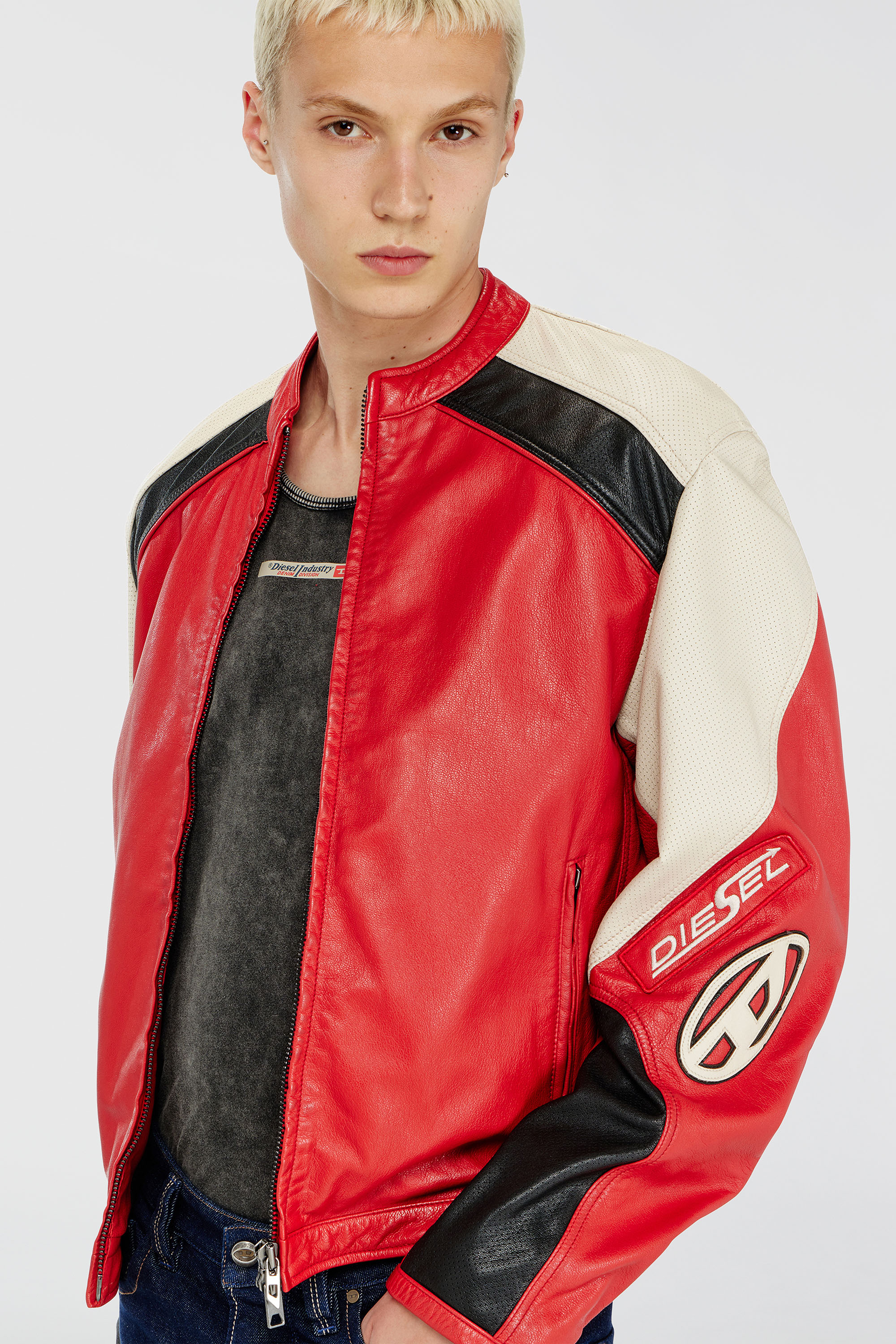Diesel - L-AHTI, Cazadora biker de piel perforada en bloques de color Hombre in Multicolor - 5