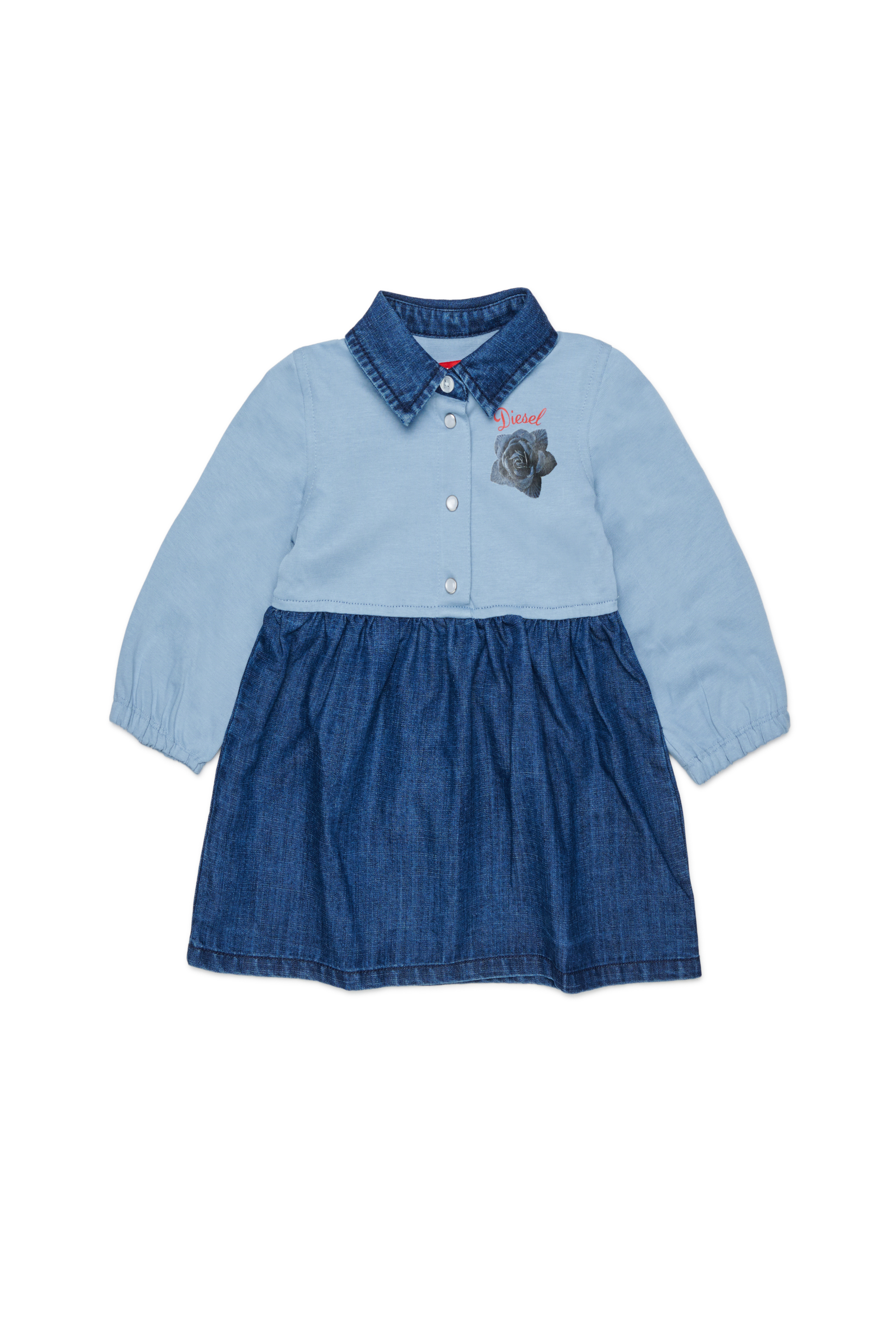 Diesel - DROSEB, Vestido camisero de algod&oacute;n y denim con estampado de rosas Mujer in Azul marino - 1