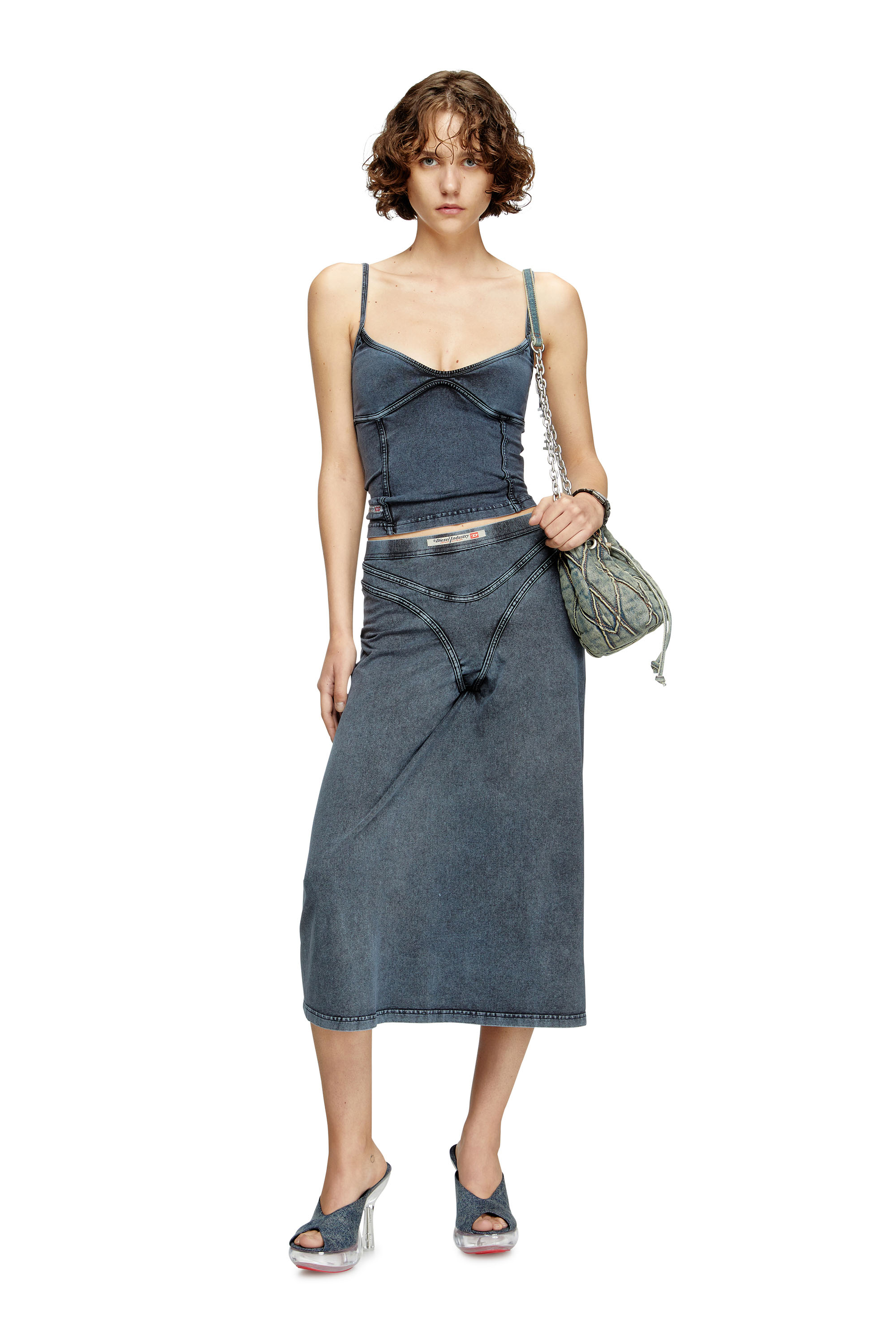 Diesel - T-ONY, Camiseta de tirantes en tejido de punto con aspecto de denim Mujer in Azul marino - 2
