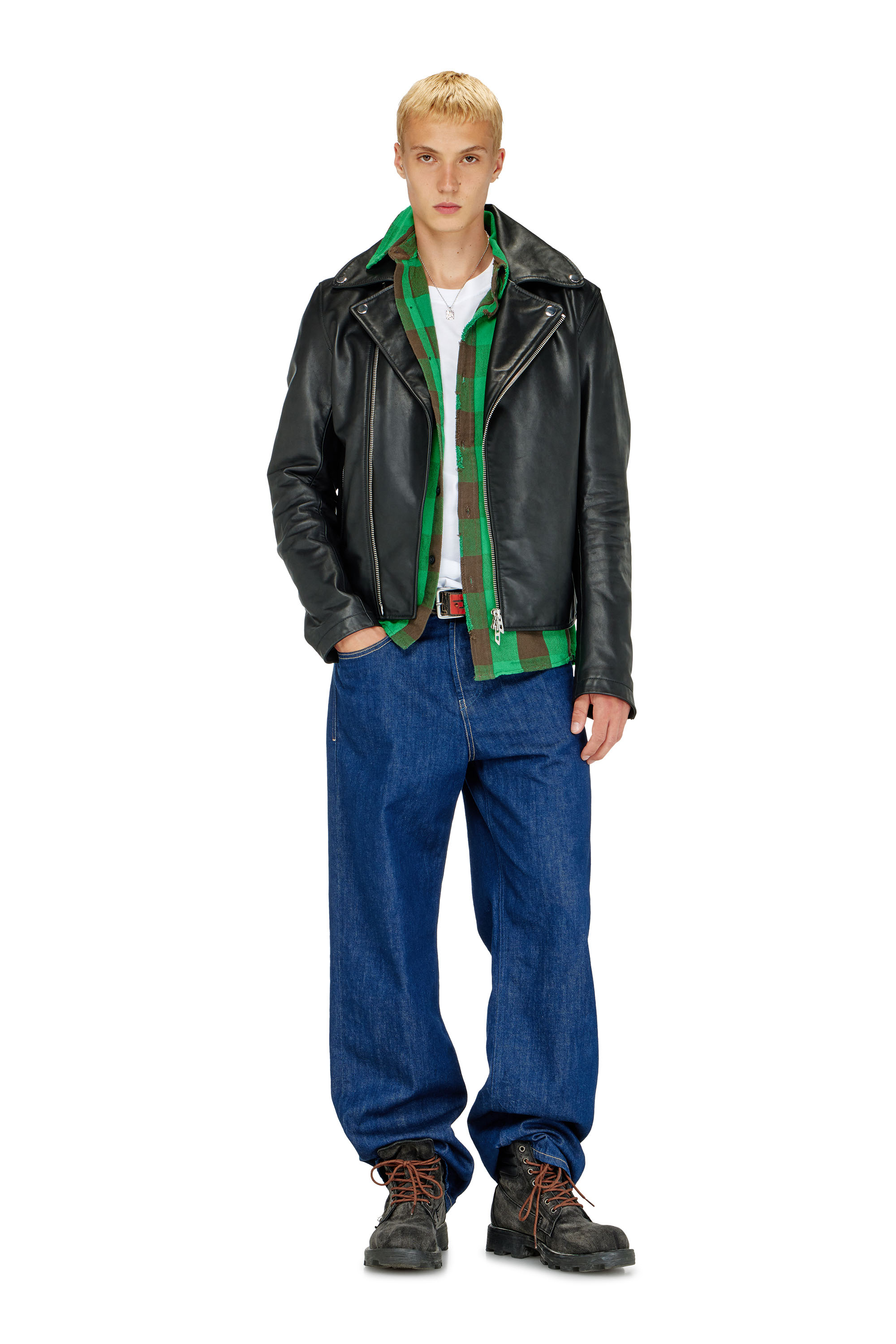 Diesel - L-EO-WRD, Chaqueta biker de cuero encerado Hombre in Negro - 1