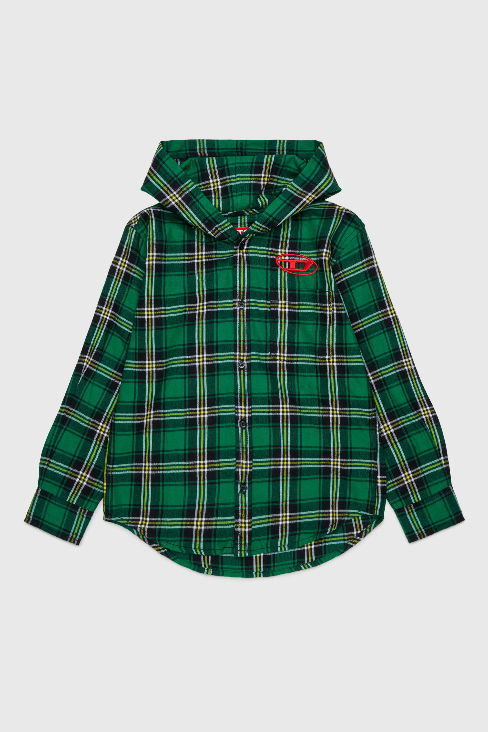 Diesel - CHECK OVER, Man's Hooded check shirt with Oval D embroidery in Green - 1