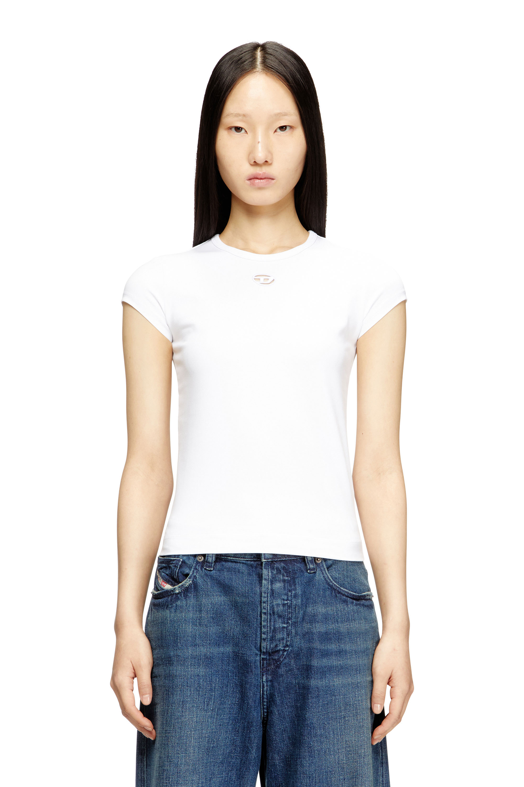 Diesel - T-ANGIE-OD, Camiseta con logotipo bordado con abertura Mujer in Blanco - 1