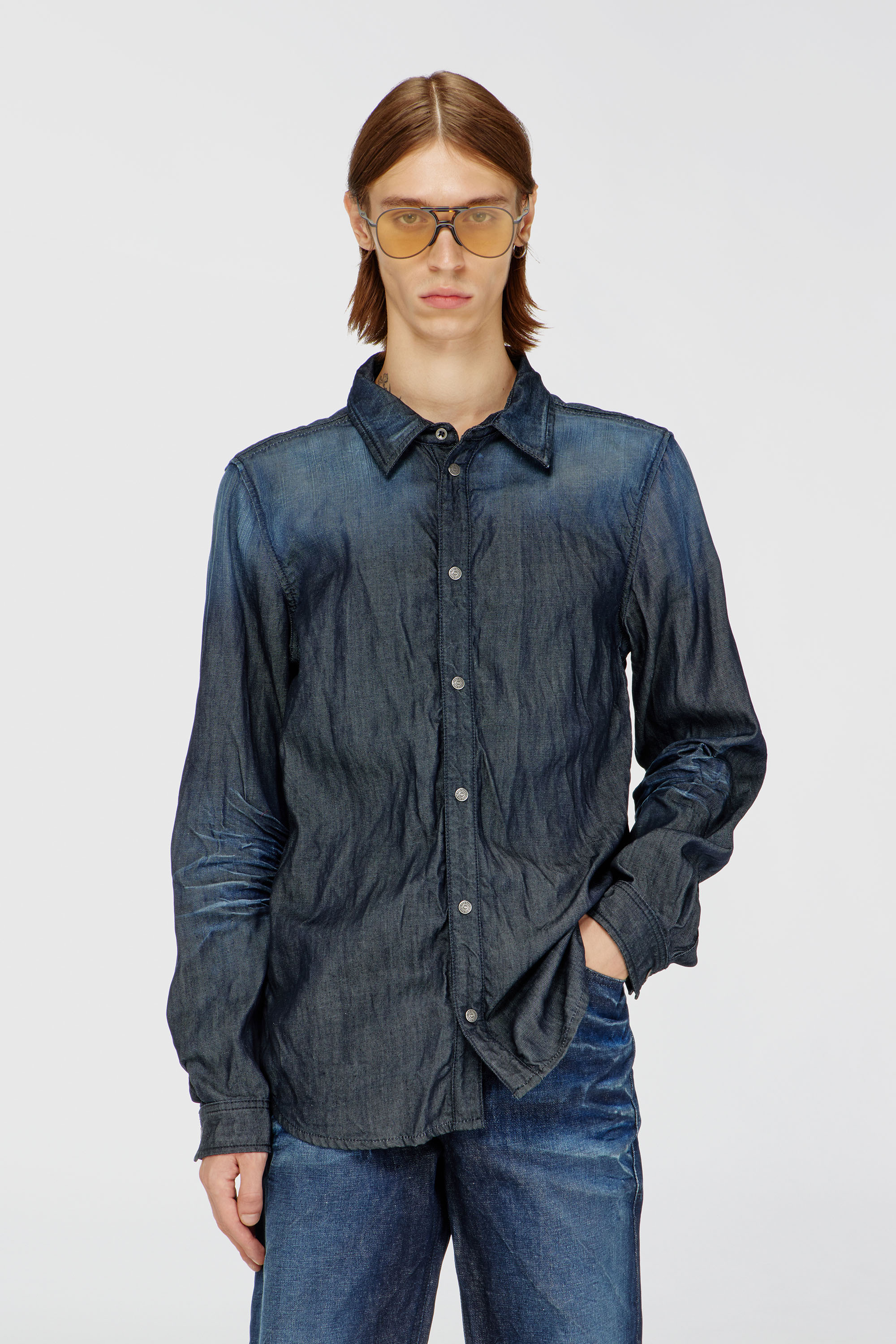 Diesel - D-SYNAR-FSJ1, Camisa de denim arrugado Hombre in Azul marino - 3