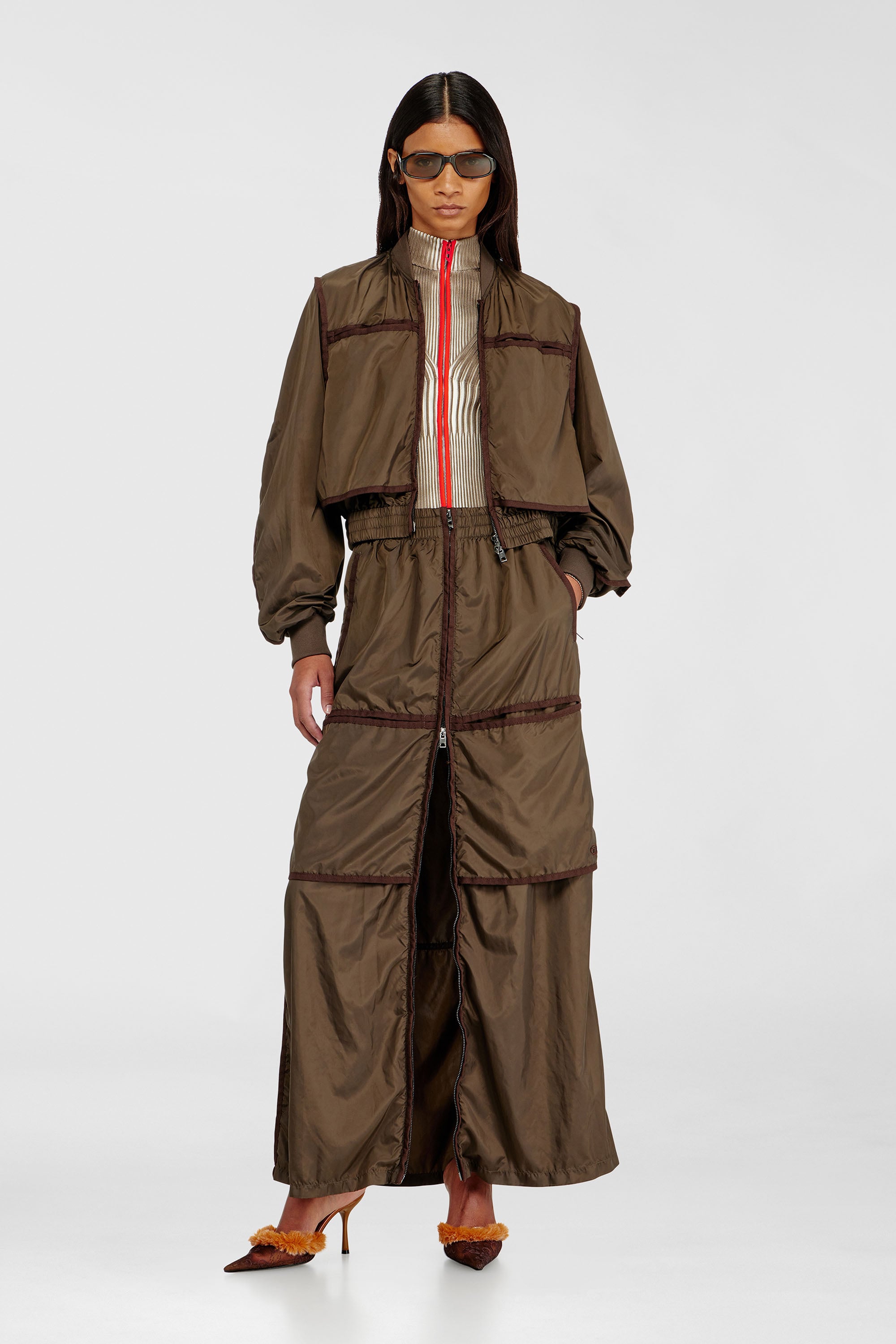 Diesel - O-HYTON, Falda maxi tipo windbreaker con cremallera frontal Mujer in Marr&oacute;n - 1