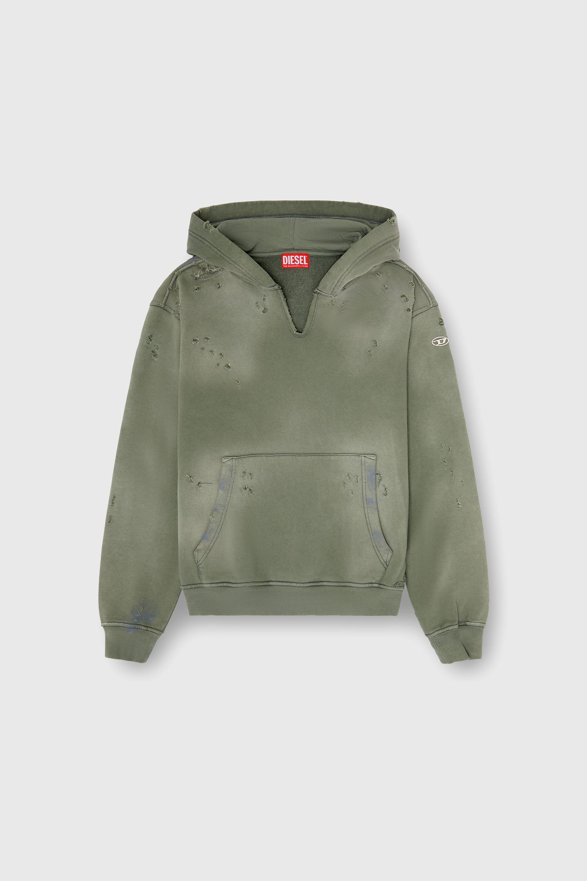 Diesel - S-KEITHY, Sudadera con capucha efecto desgastado y cuello de pico Hombre in Verde - 2