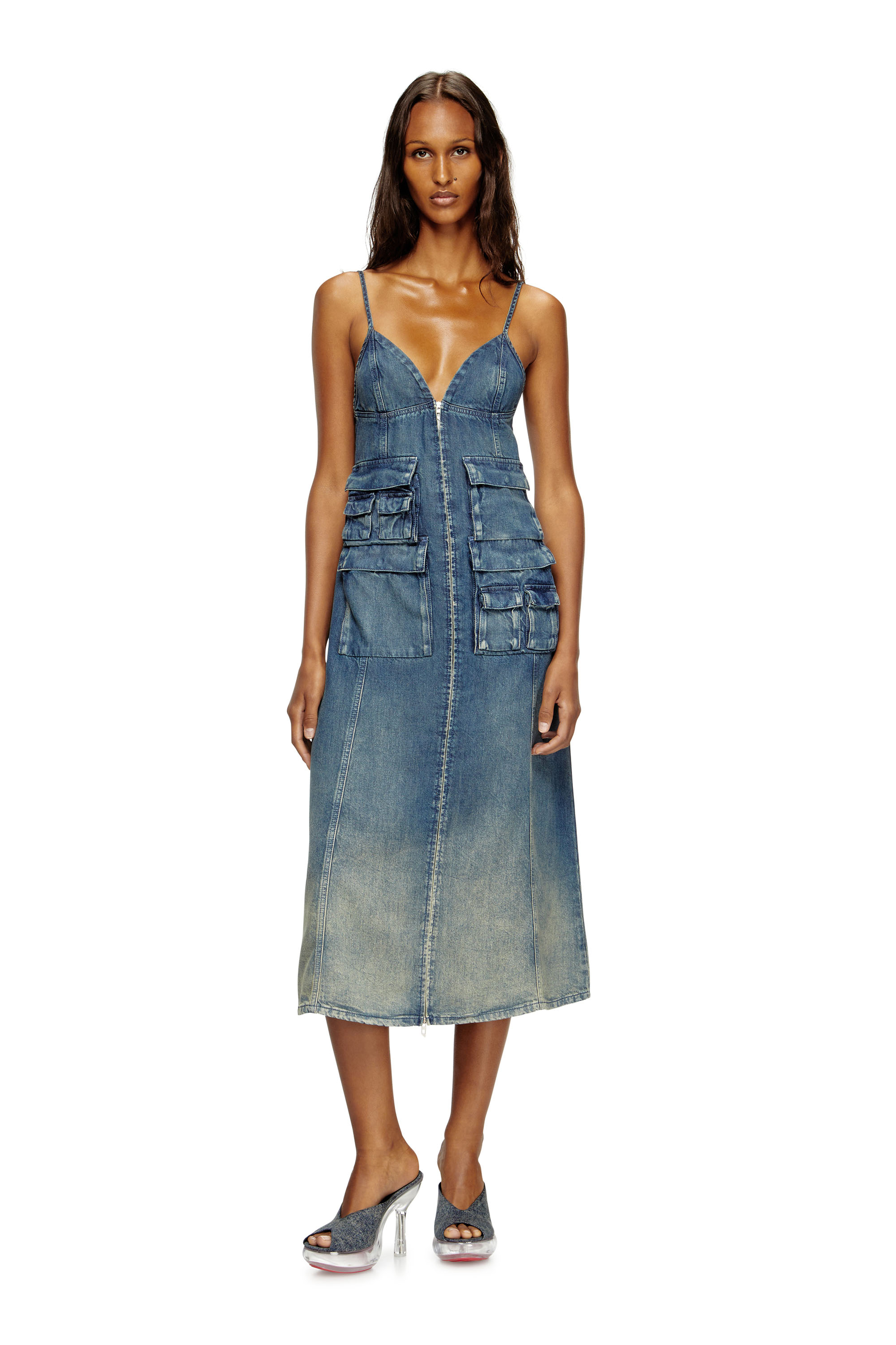 Diesel - DE-MELVI-S, Vestido de denim fluido desgastado con láser Mujer in Azul marino - 3