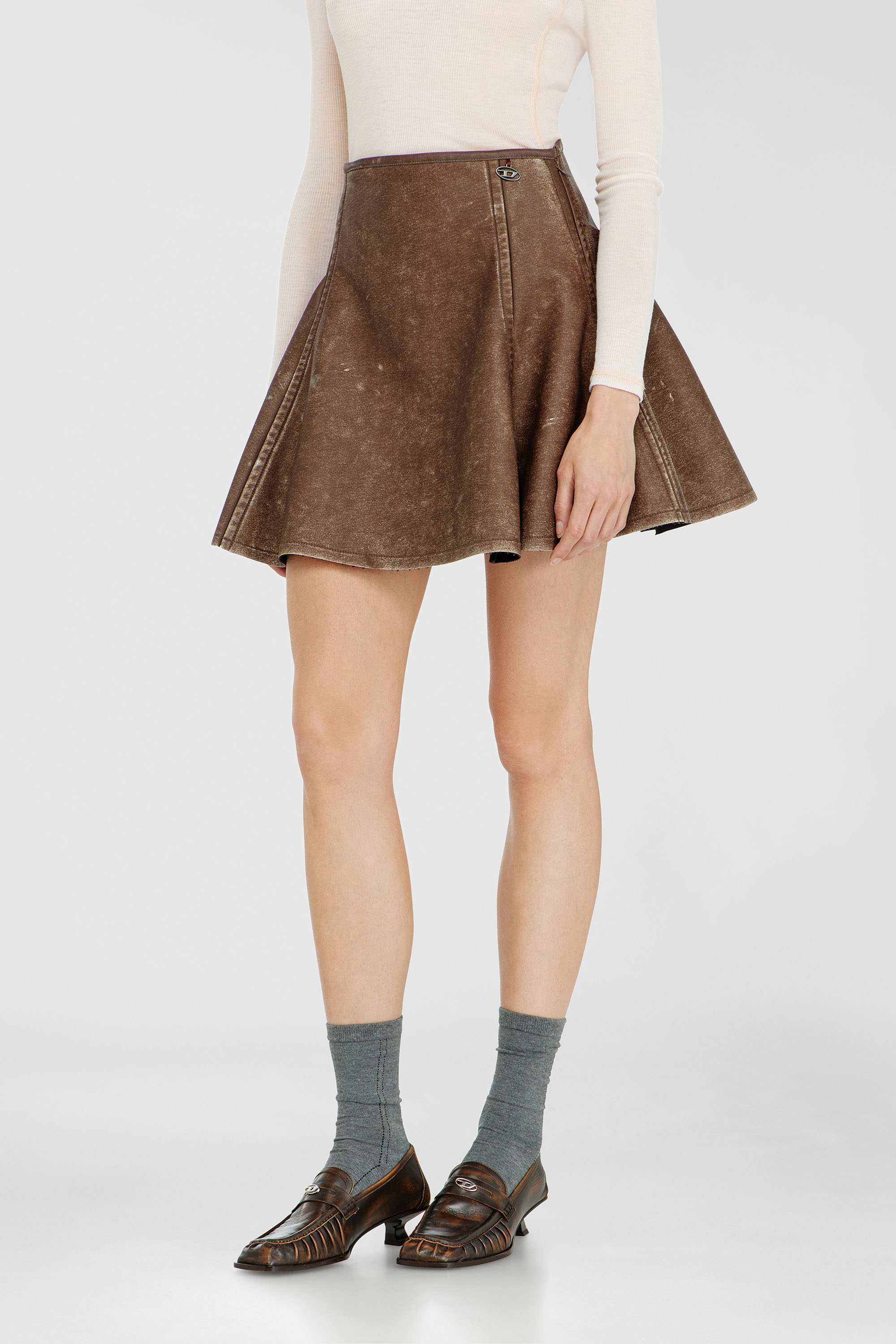 Diesel - O-ERINA, Minifalda acampanada en material bonded Mujer in Marr&oacute;n - 1