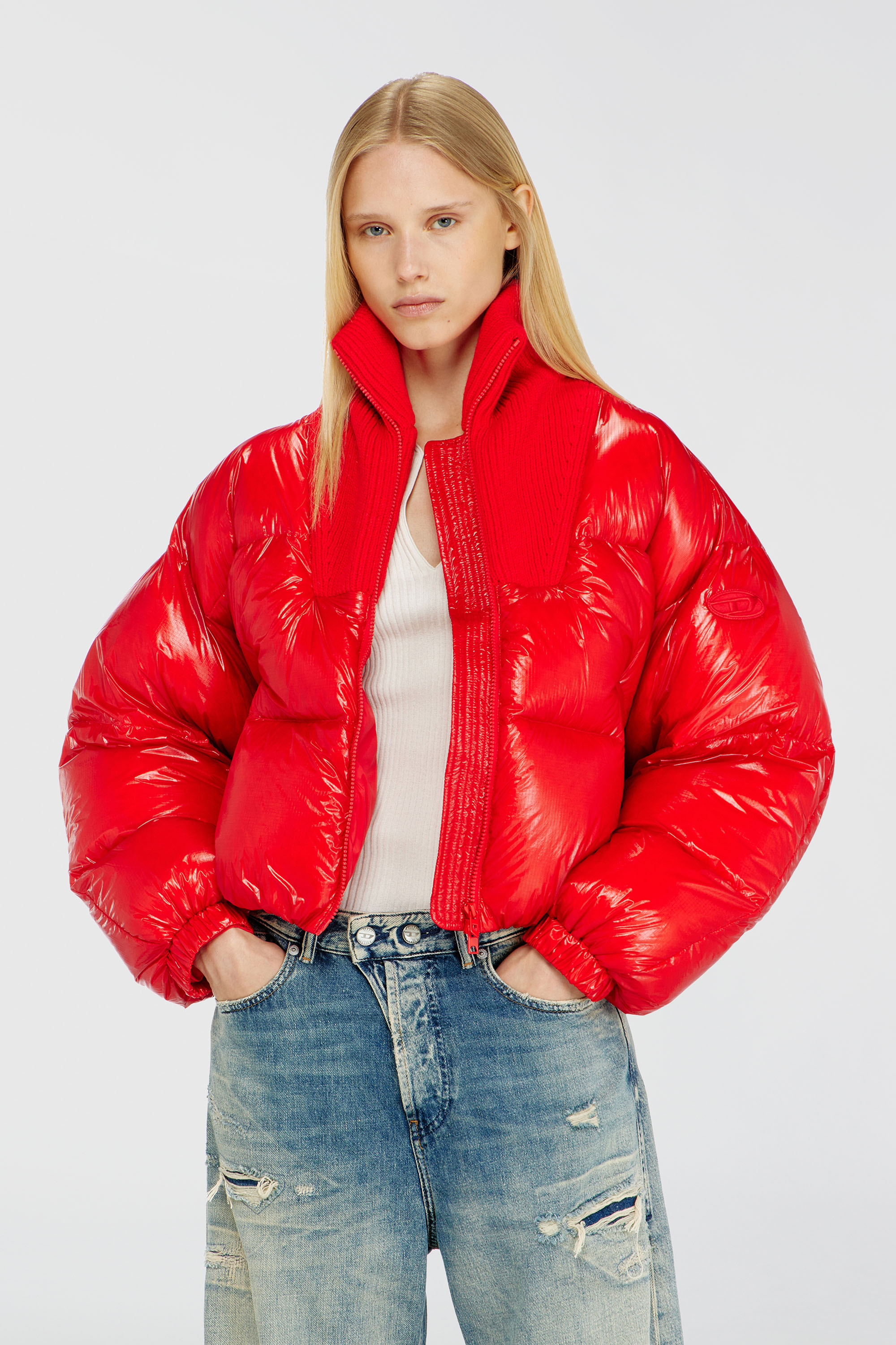 Diesel - W-ARRIOR, Chaqueta acolchada down en ripstop con cuello de punto Mujer in Rojo - 3