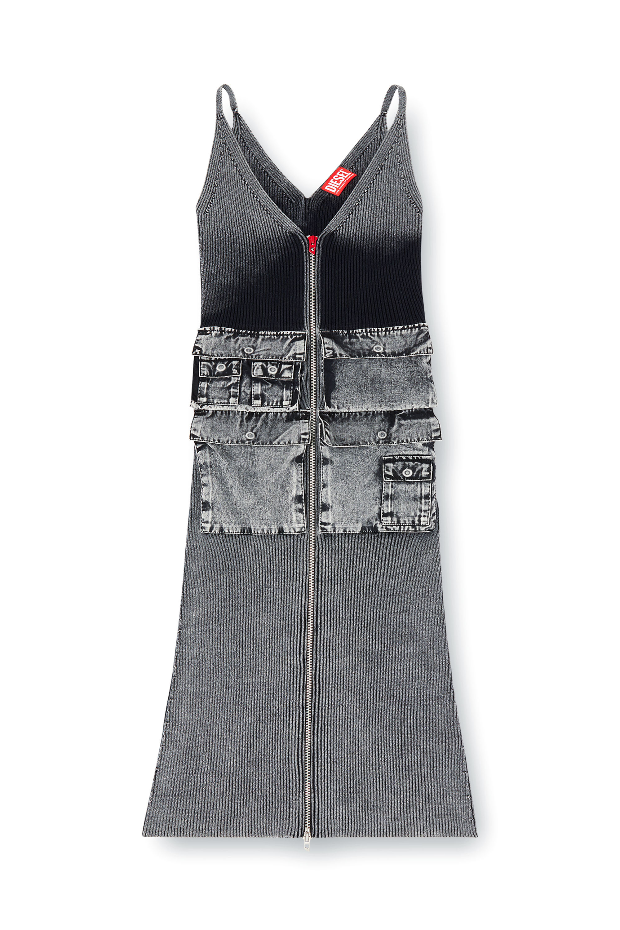 Diesel - M-MELTI, Vestido midi tejido con bolsillos cargo de denim Mujer in Gris - 1