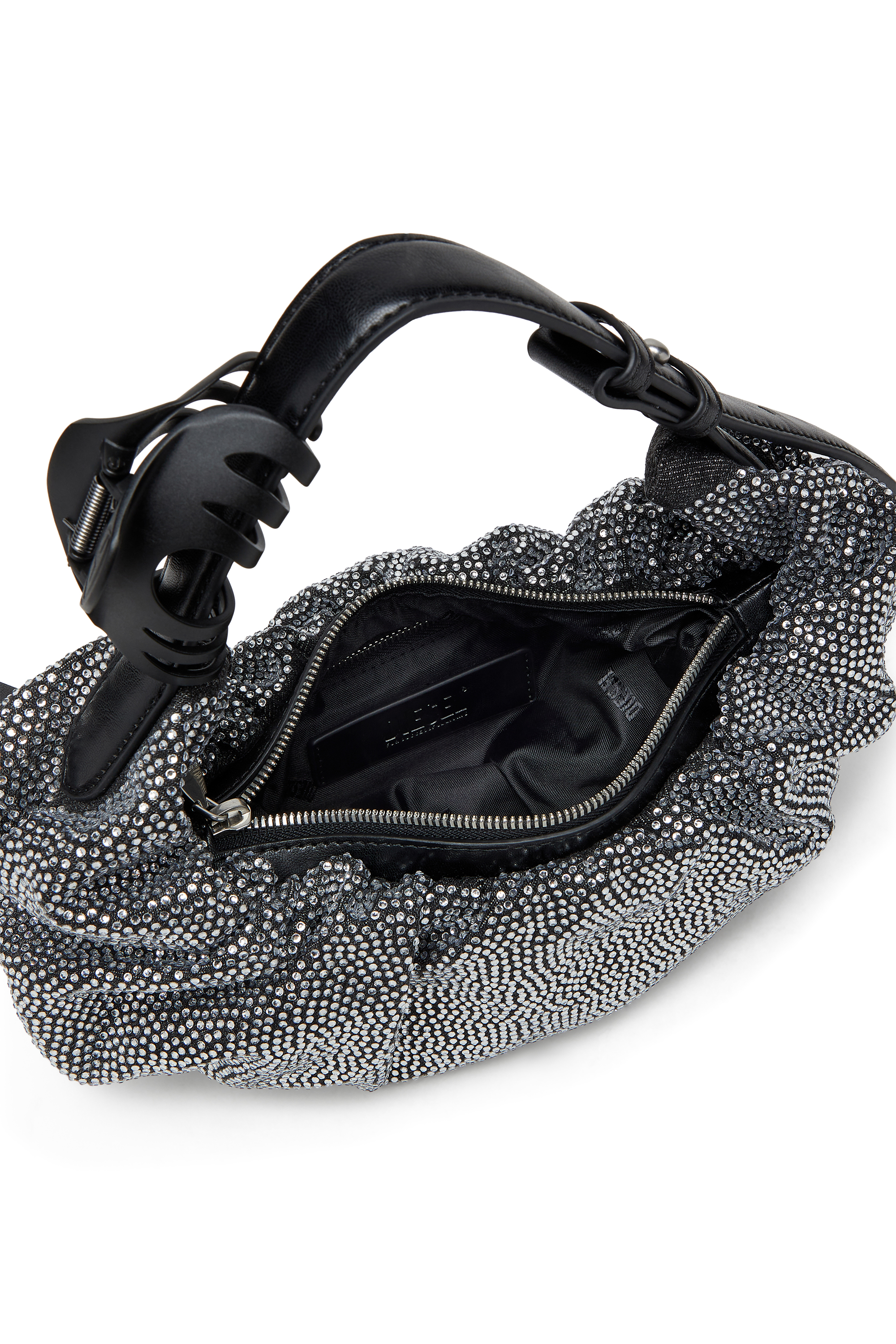 Diesel - GRAB-D HOBO S, Pequeño bolso hobo fruncido en denim con cristales Mujer in Negro - 4