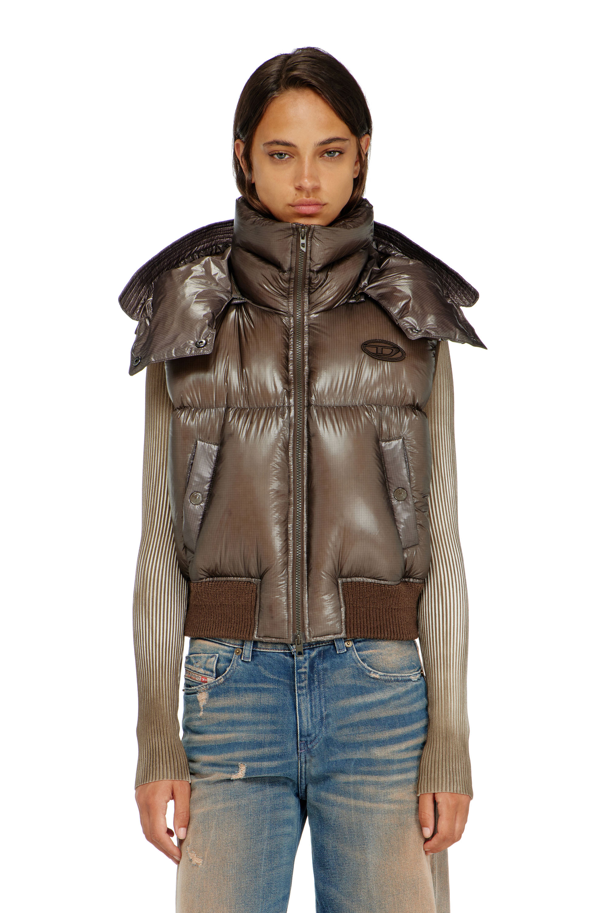 Diesel - W-PEYT-SSL-NEW-T1, Chaleco de plumas en ripstop con capucha desmontable Mujer in Marr&oacute;n - 5