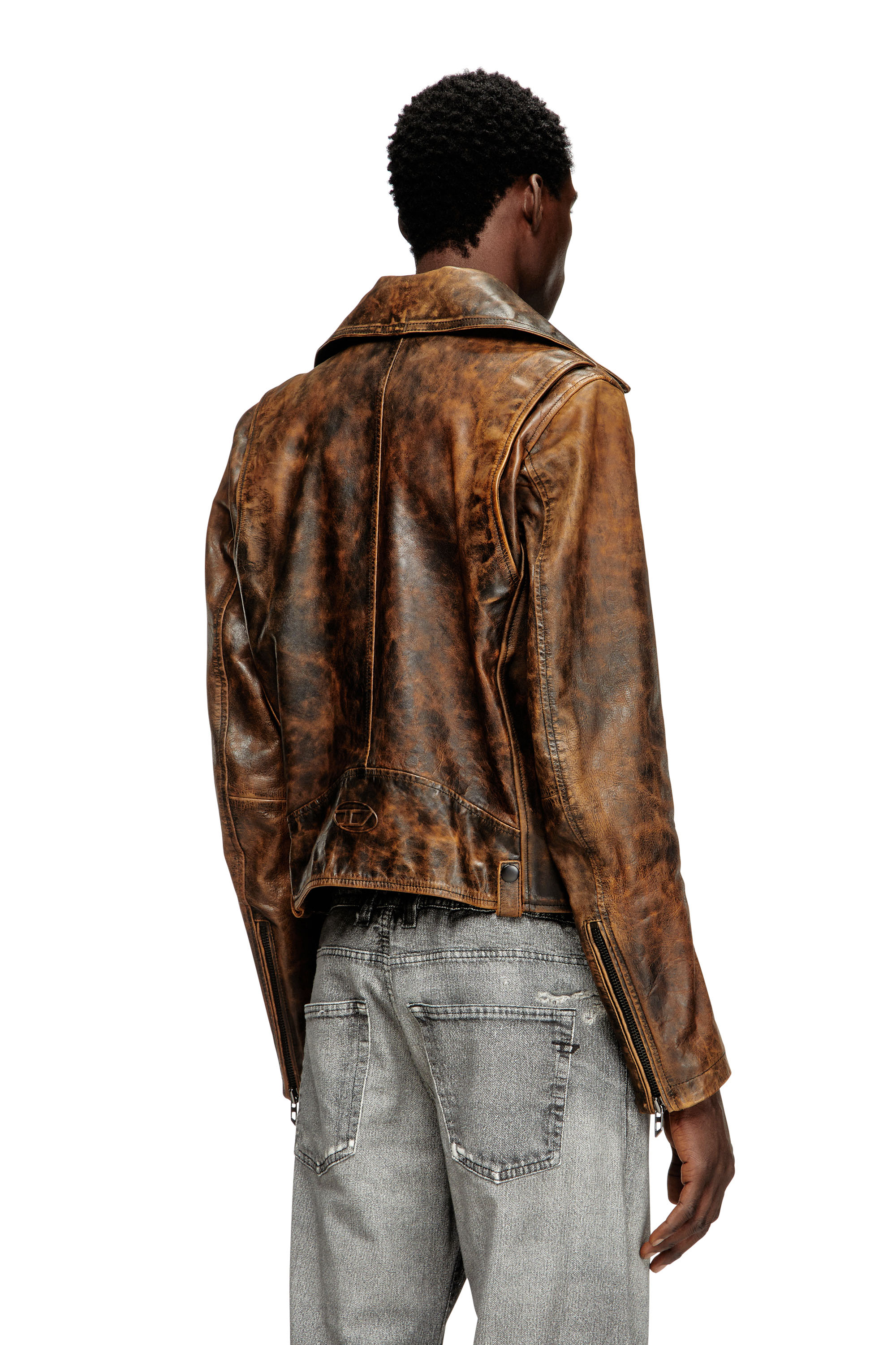Diesel - L-EON, Chaqueta biker en cuero tratado Hombre in Marrón - 4