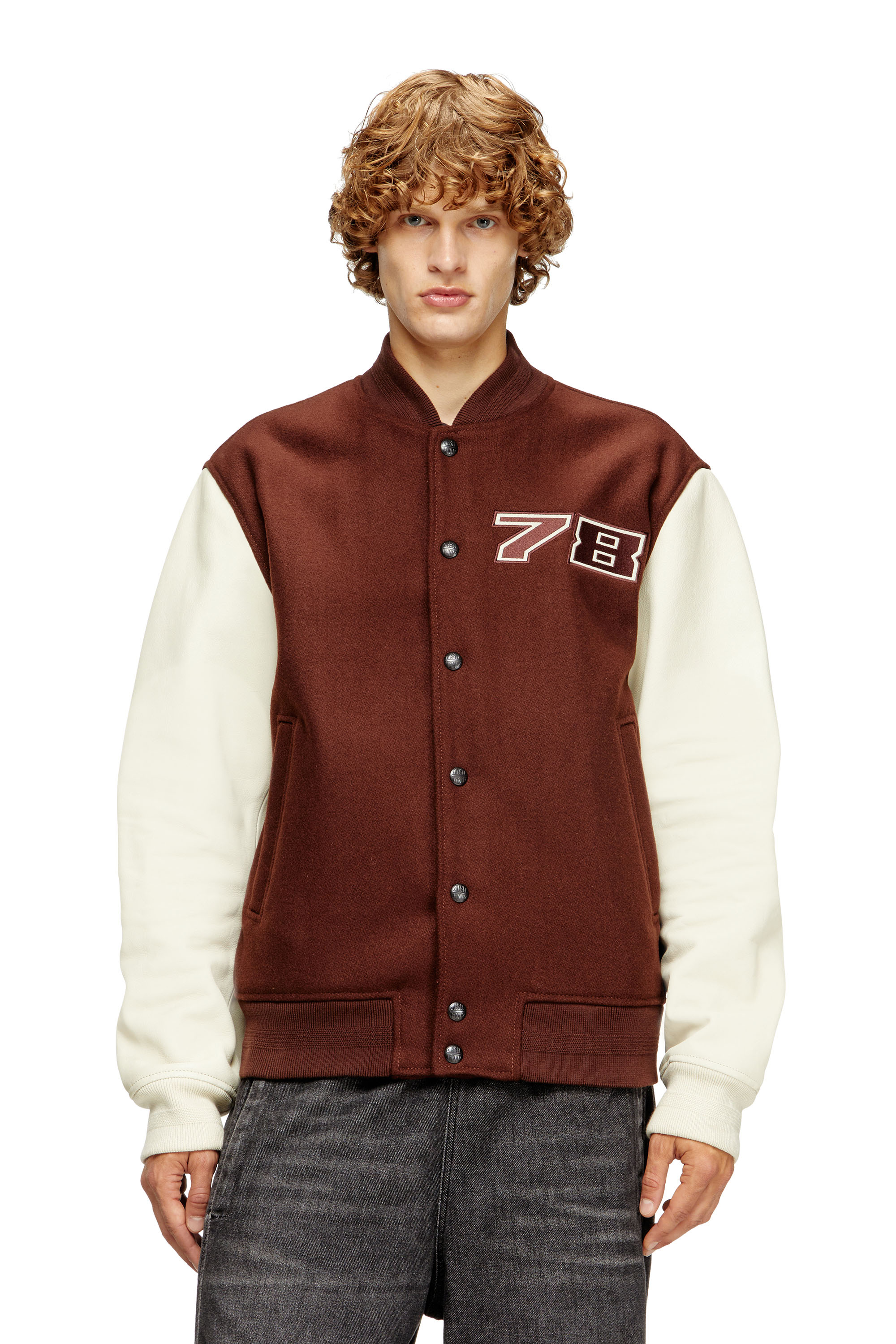 Diesel - L-KOPF, Chaqueta bomber acolchada de lana y cuero Hombre in Marrón - 1