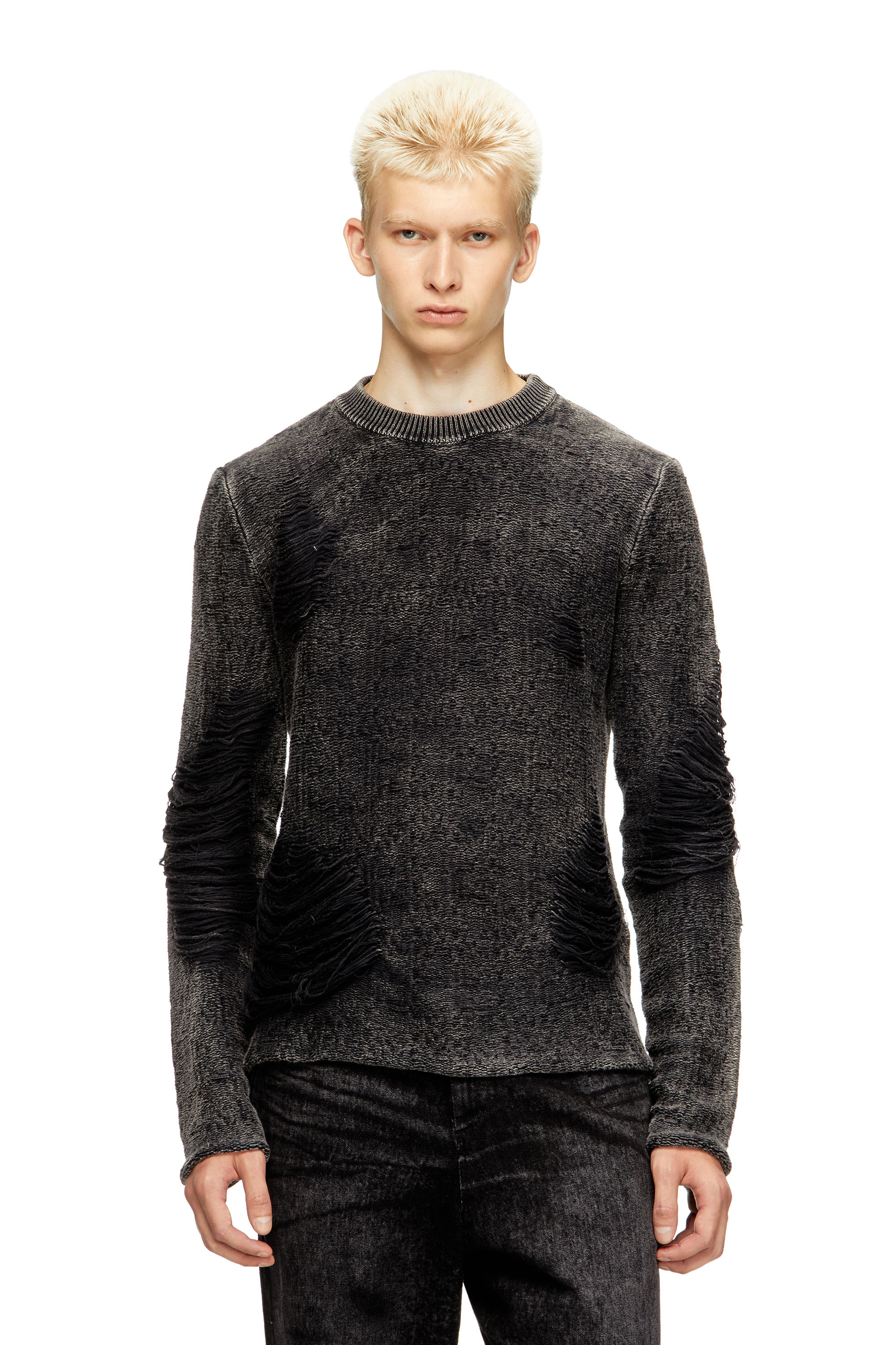 Diesel - K-FJORDI-ROUND, Jersey destruido con hilos flotantes Hombre in Negro - 1
