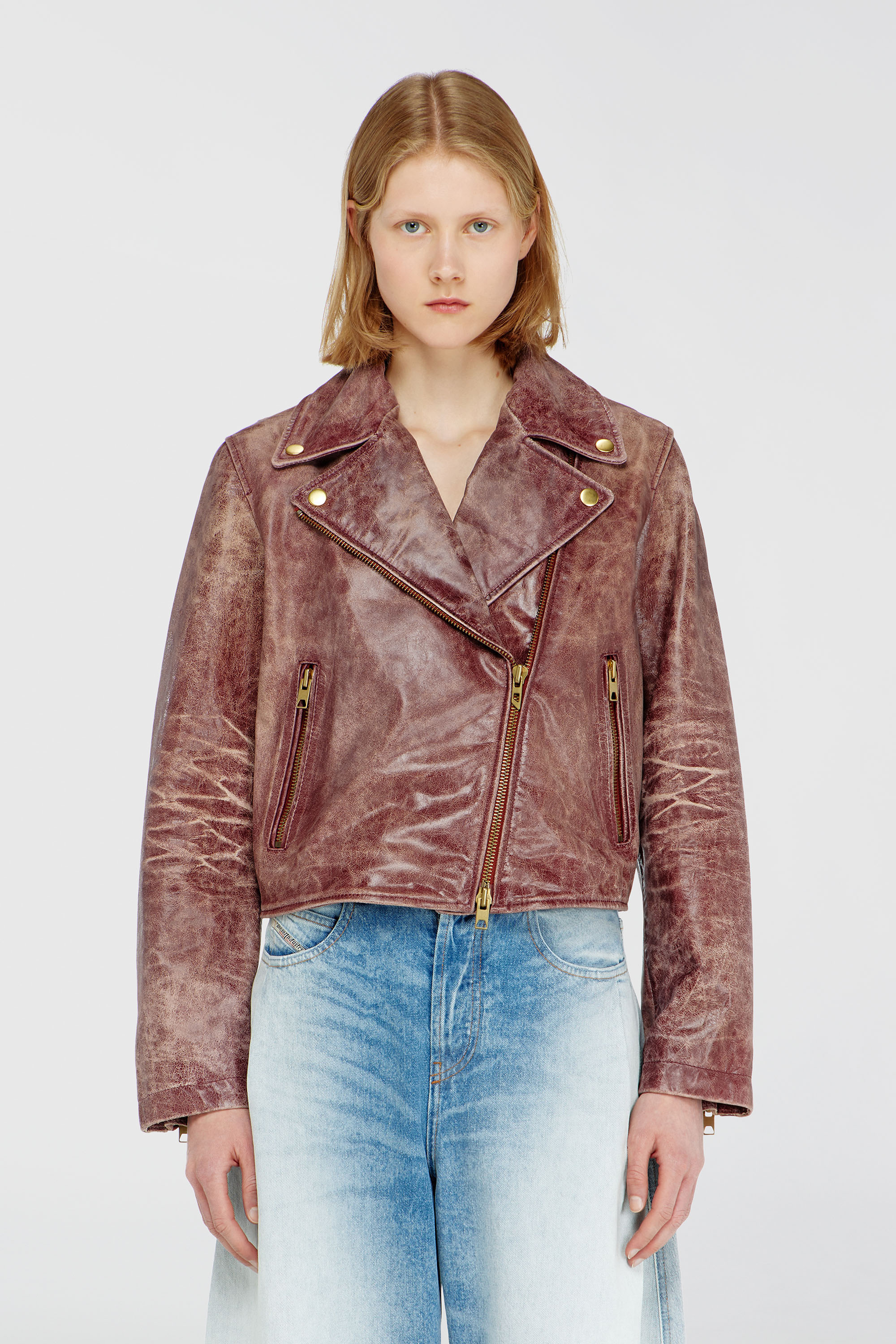 Diesel - L-UNATIC-T1, Chaqueta biker de piel tratada Mujer in Rojo - 5