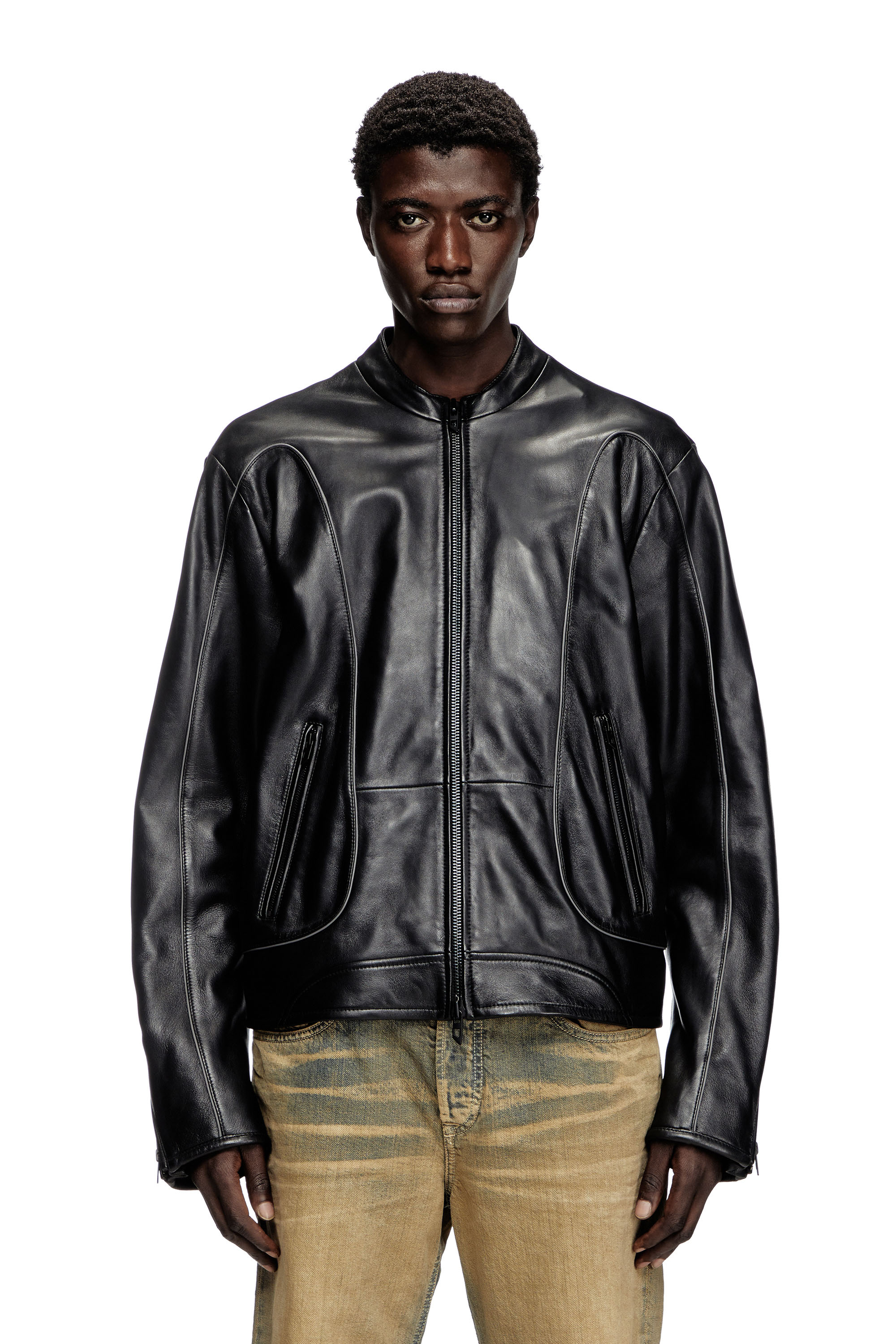 Diesel - L-KRIXY, Chaqueta biker de cuero con detalles de ribetes Hombre in Negro - 1