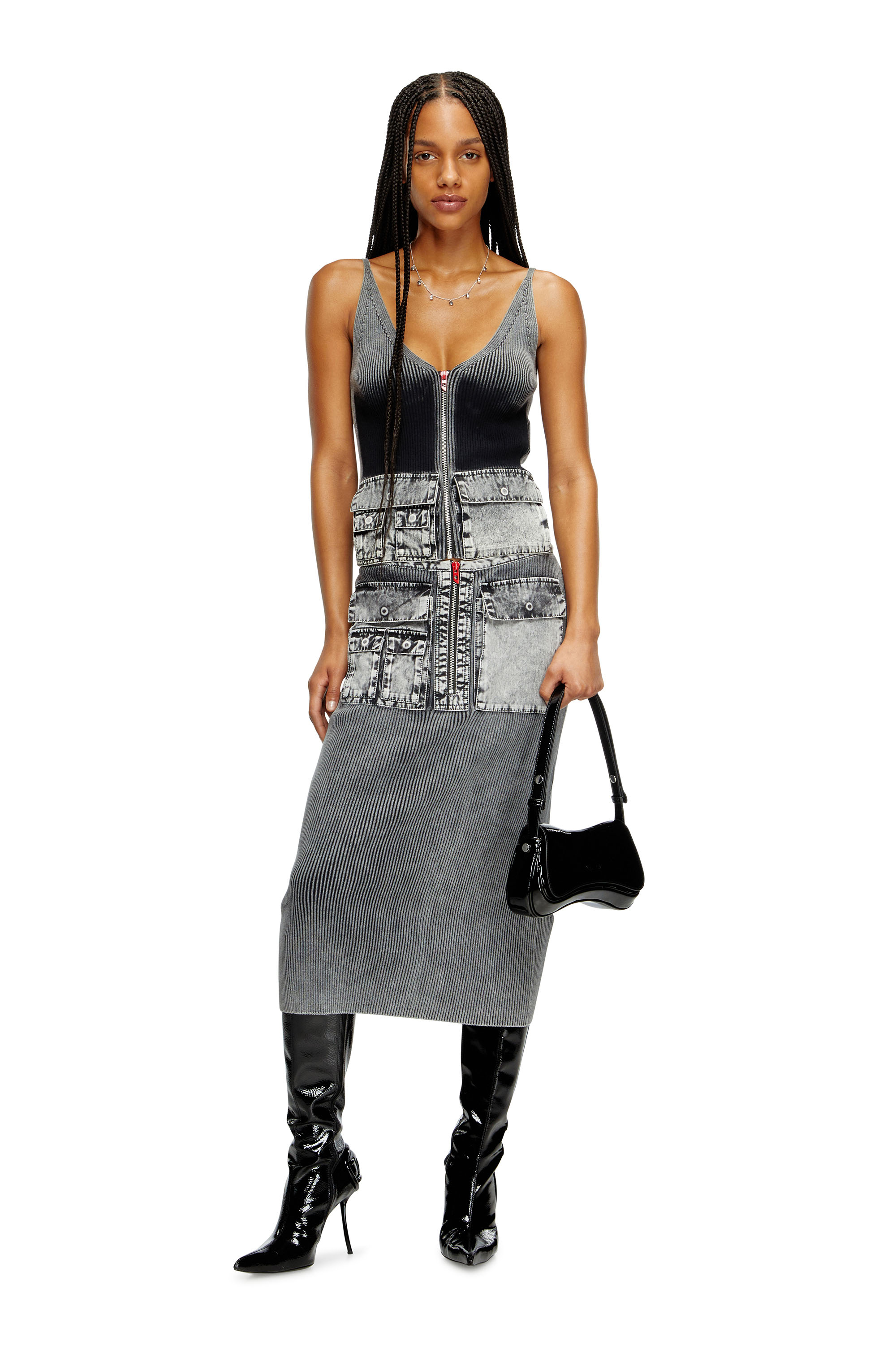 Diesel - M-MELLY, Camiseta tejida con tirantes y bolsillos cargo de denim Mujer in Gris - 2
