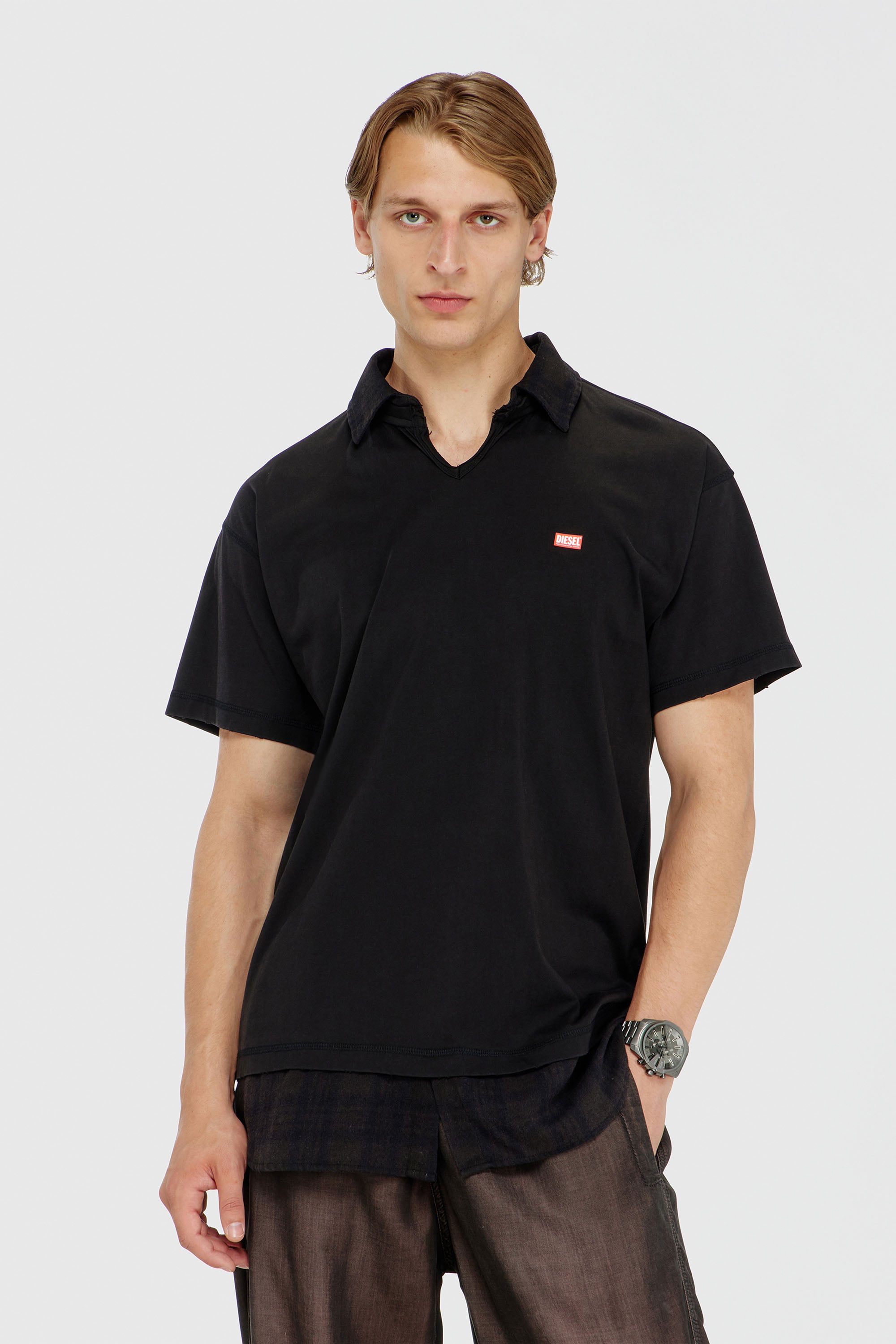 Diesel - T-ANSEL, Polo de punto con detalles de franela a cuadros Hombre in Negro - 1