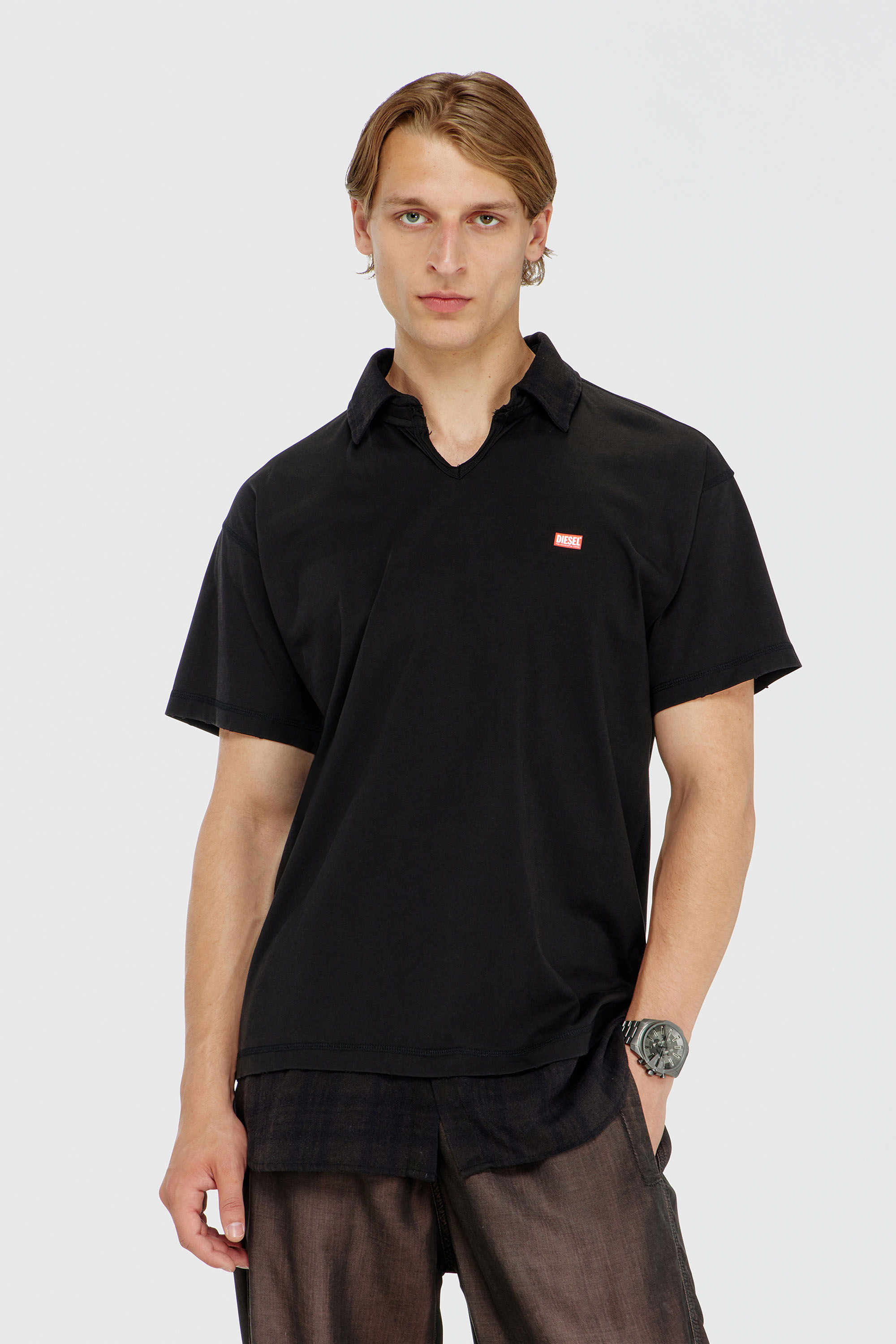 Diesel - T-ANSEL, Polo de punto con detalles de franela a cuadros Hombre in Negro - 3