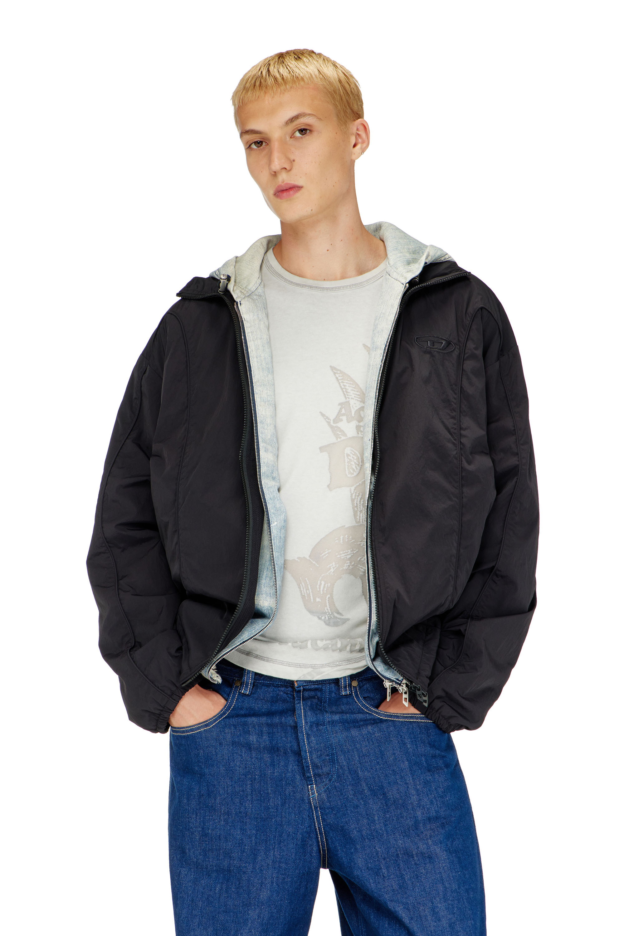 Diesel - J-FIVE-WRD-AKAD, Chaqueta de nailon arrugado con ribetes Hombre in Negro - 1